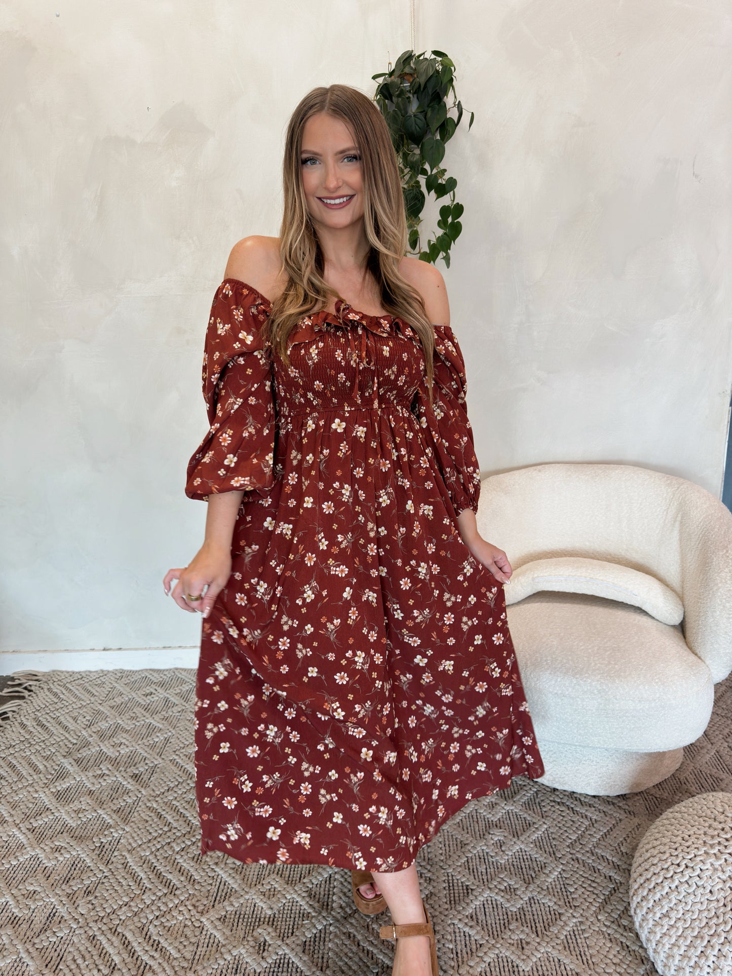 Fields Floral Midi Dress - Brick - The Pretty Peach