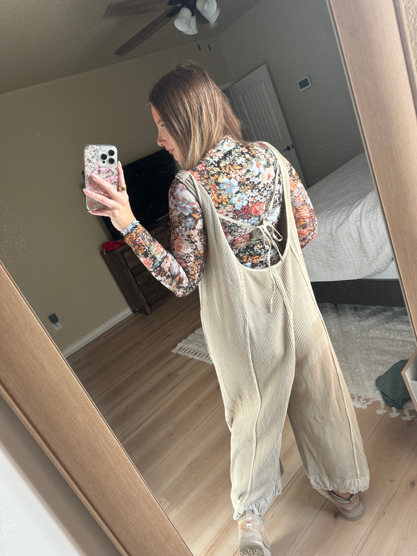 Brielle Waffle Knit Jumpsuit - Oatmeal - The Pretty Peach