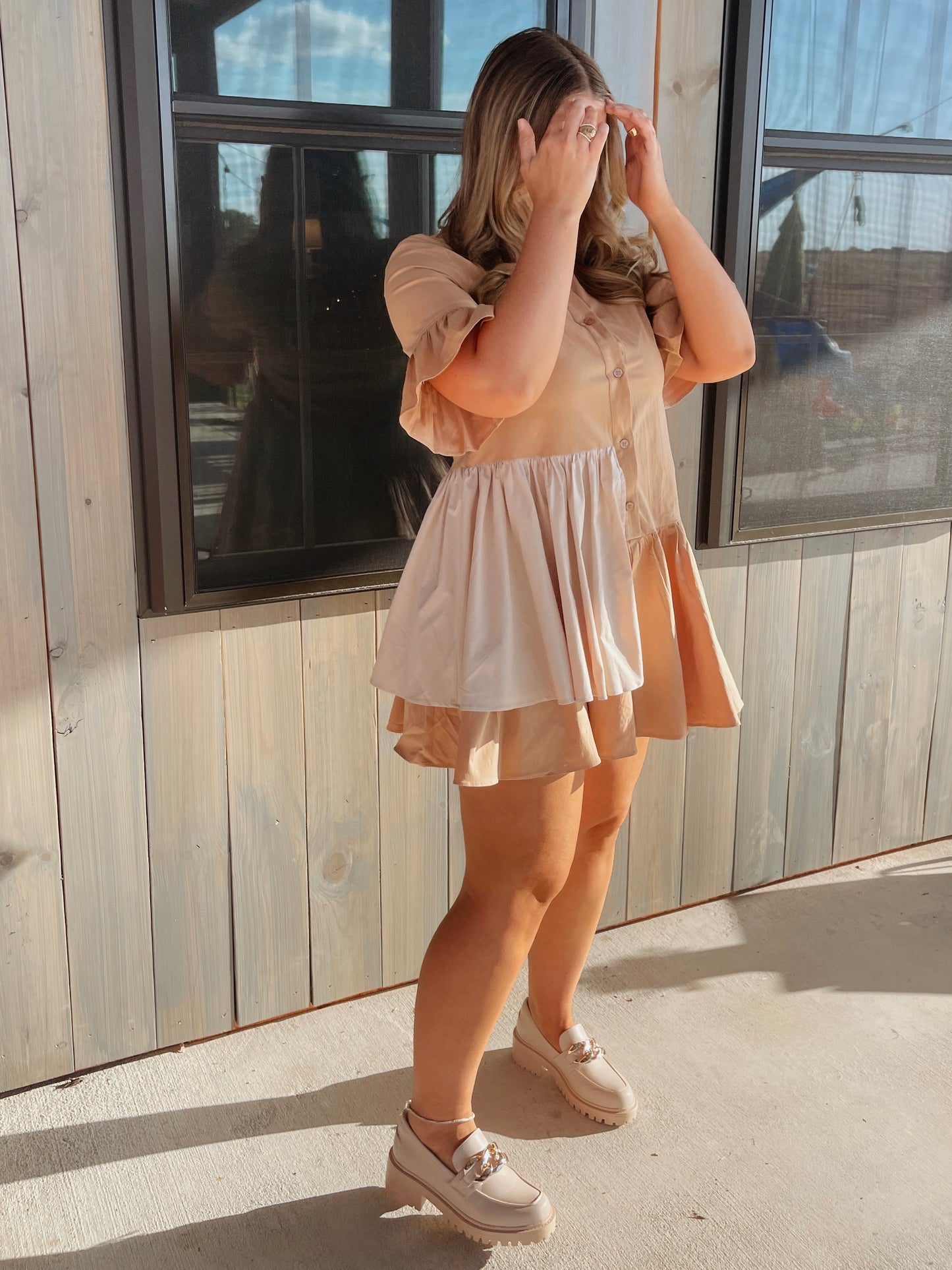 Kyndal Asymmetrical Tiered Ruffle Dress - Tan - The Pretty Peach
