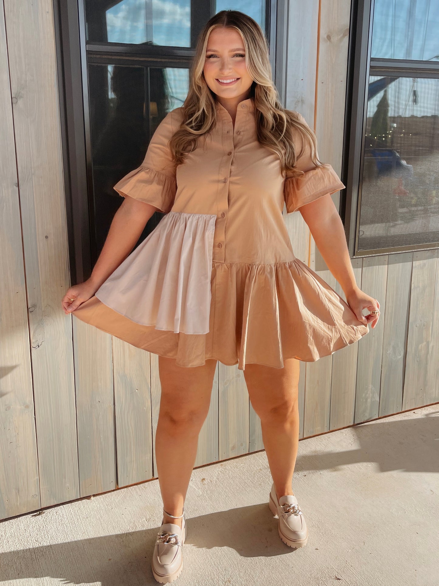 Kyndal Asymmetrical Tiered Ruffle Dress - Tan - The Pretty Peach