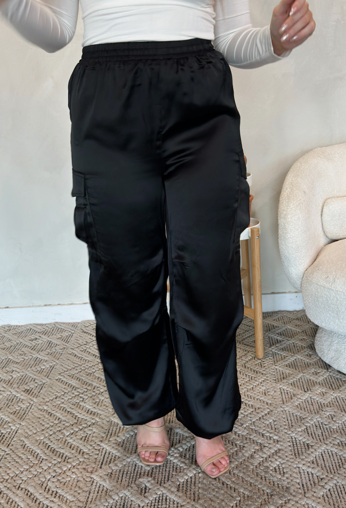Macie Satin Cargo Pants - Black - The Pretty Peach