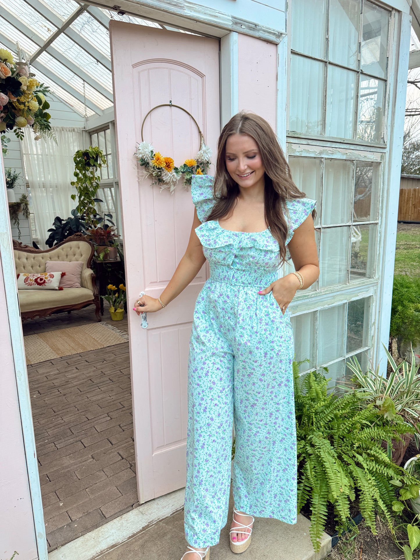 Daisy Floral Jumpsuit - Blue - The Pretty Peach