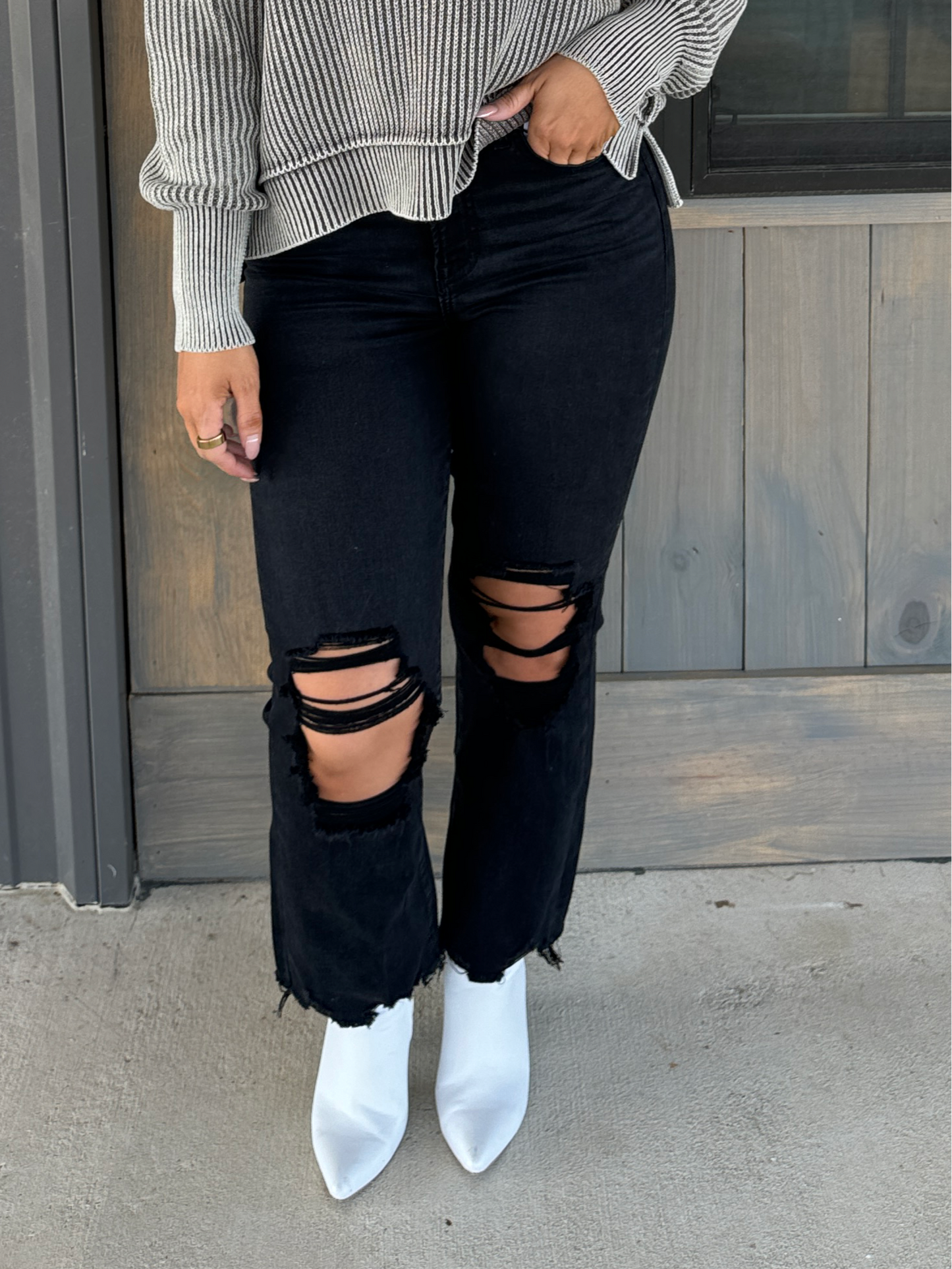 Washed Distressed Knee and Hem Pants - Black - The Pretty Peach