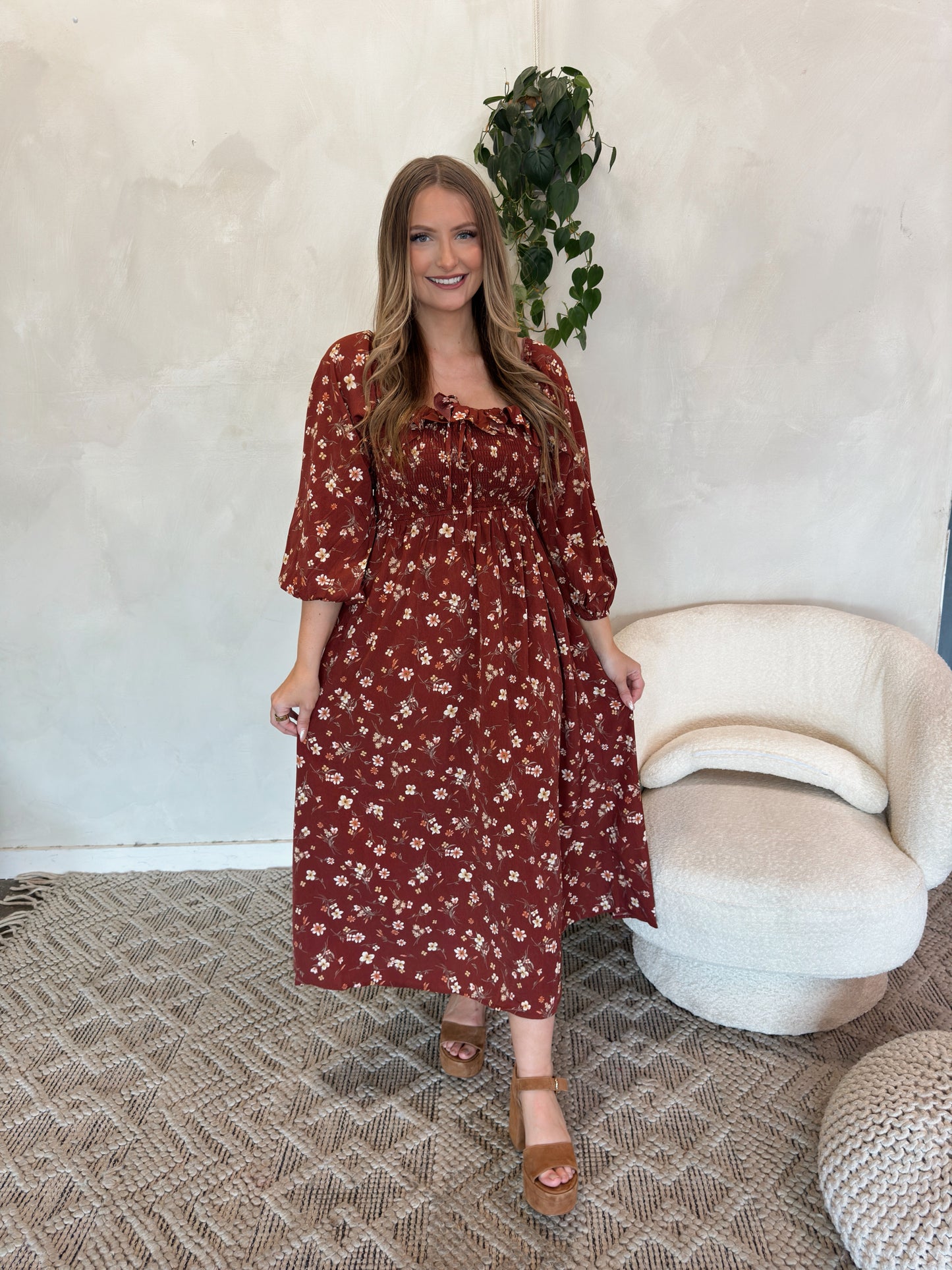 Fields Floral Midi Dress - Brick - The Pretty Peach