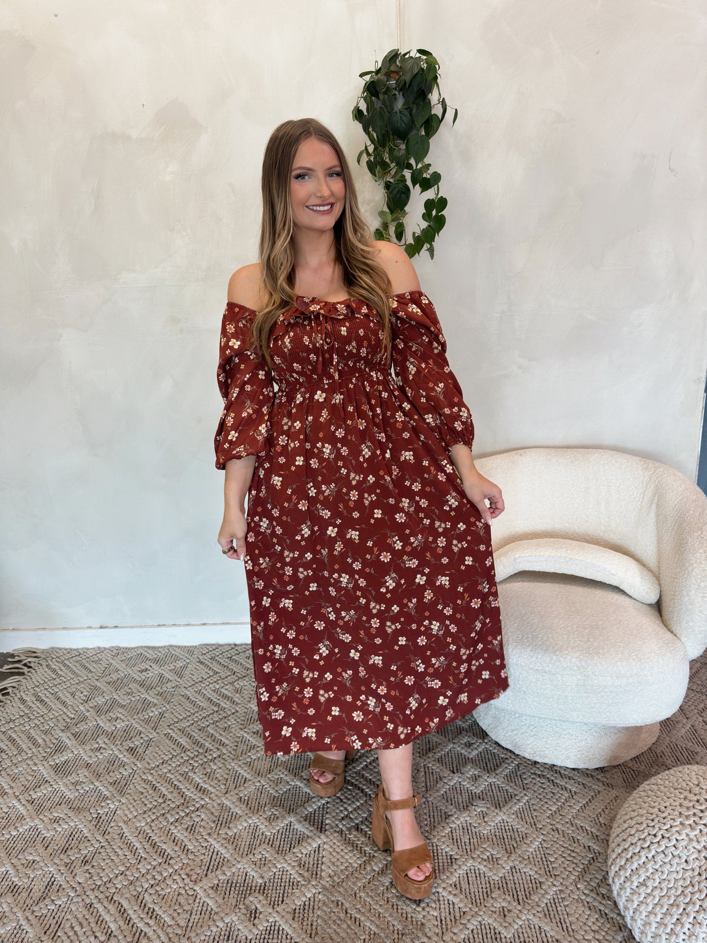 Fields Floral Midi Dress - Brick - The Pretty Peach