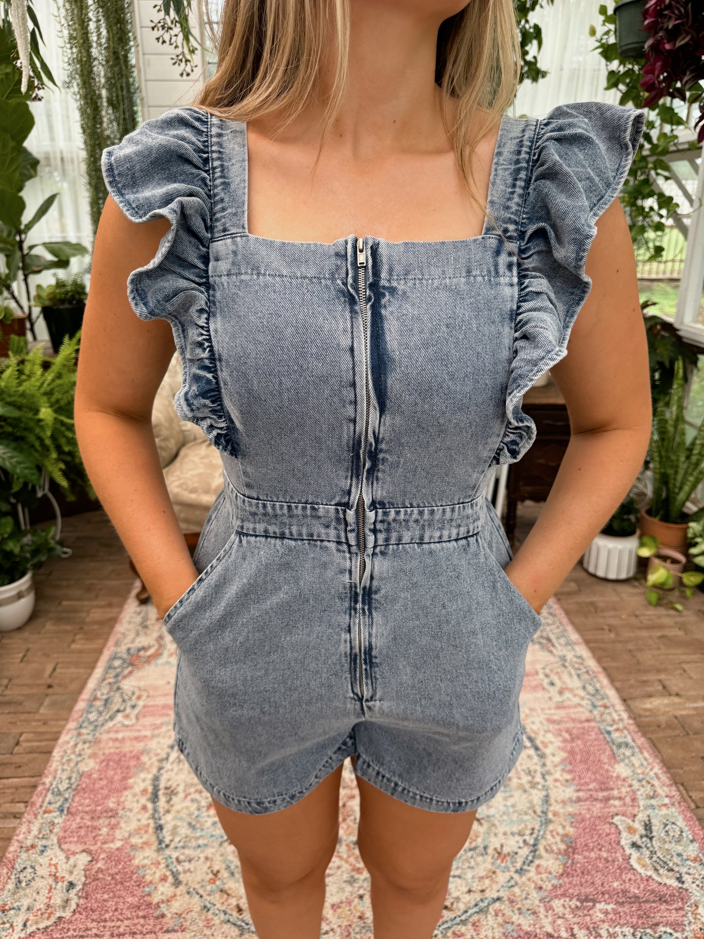 Macy Ruffle Denim Romper - Denim Blue - The Pretty Peach