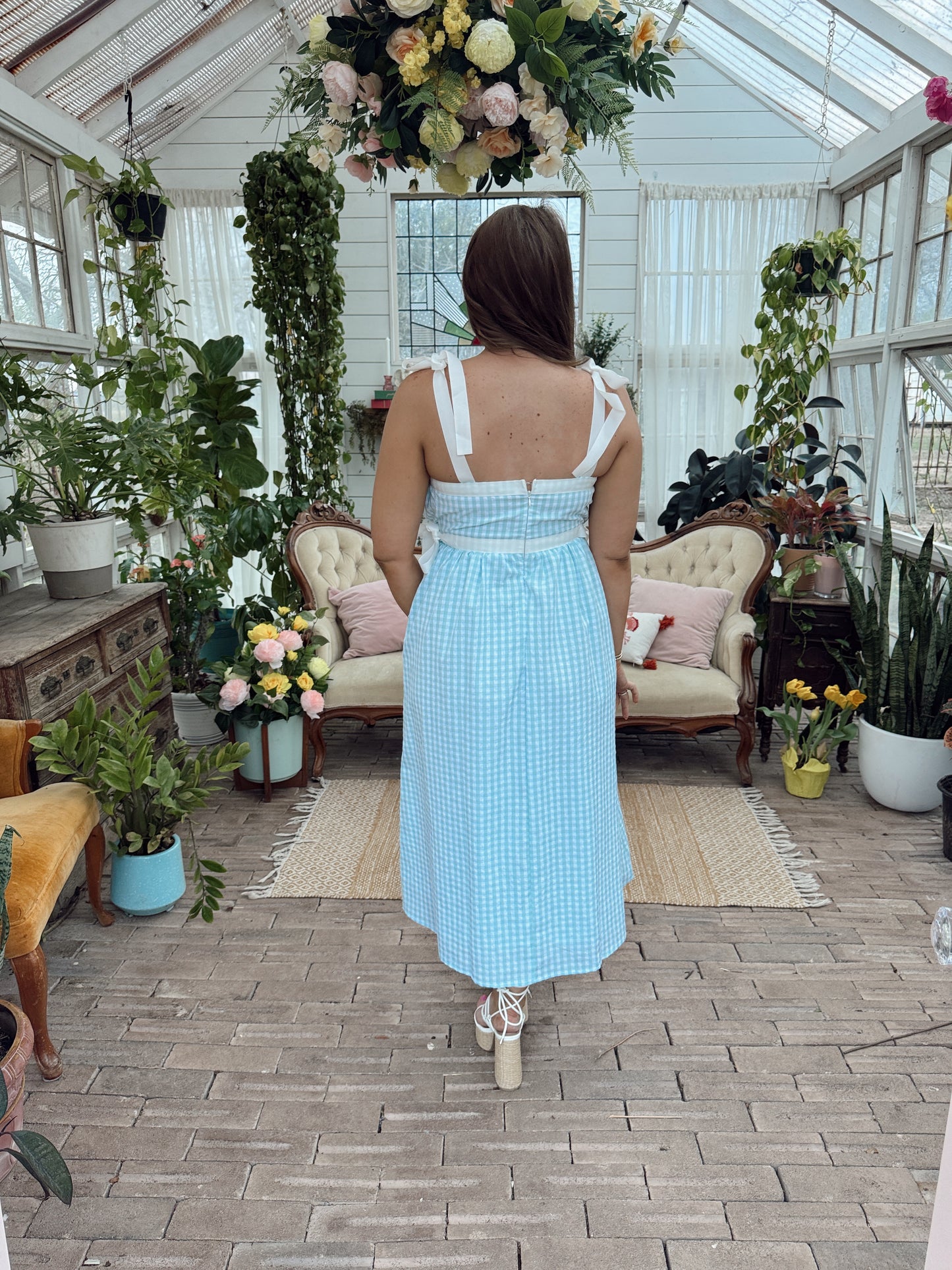 Iris Gingham Midi Dress - Mint Blue