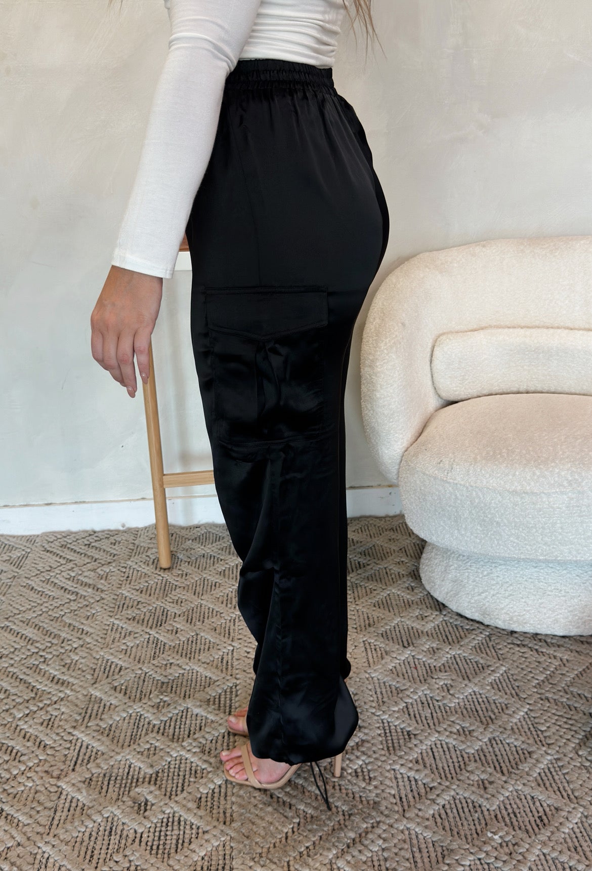 Macie Satin Cargo Pants - Black - The Pretty Peach