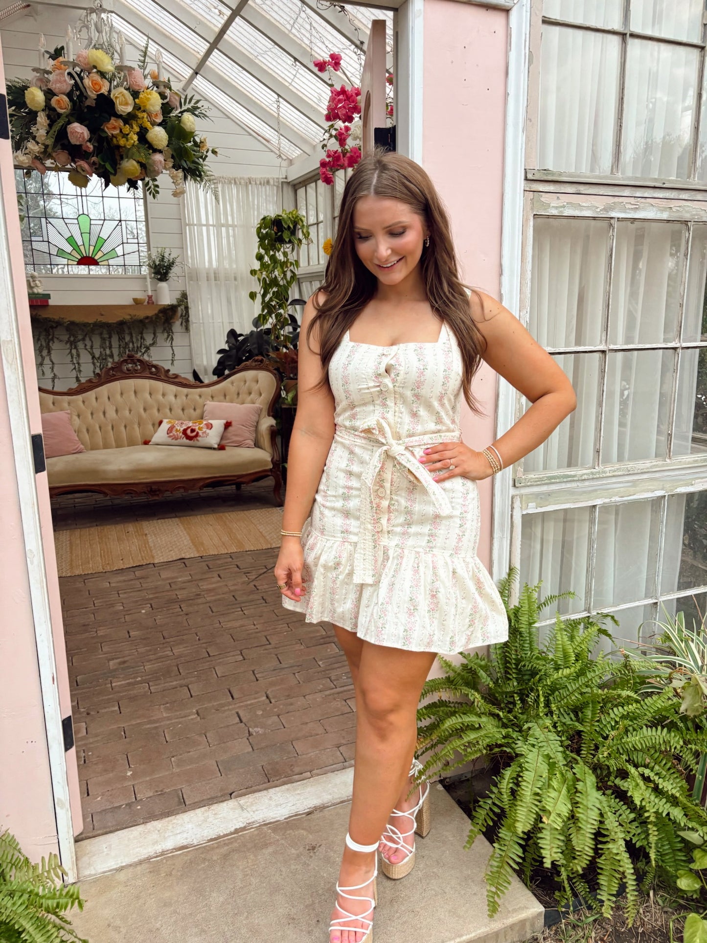 Rose Dainty Floral Mini Dress - Pink/Yellow