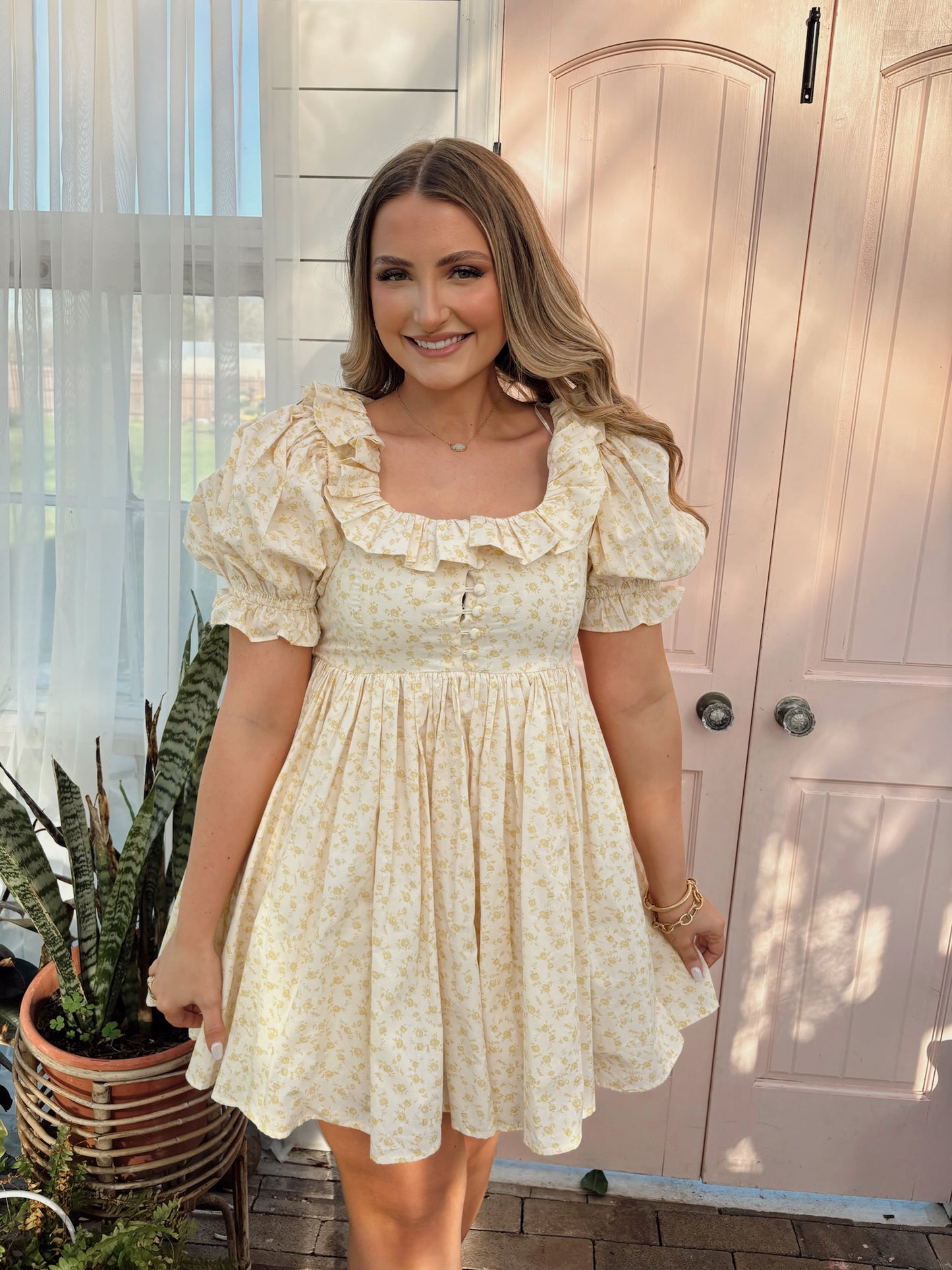 yellow ruffle floral dress