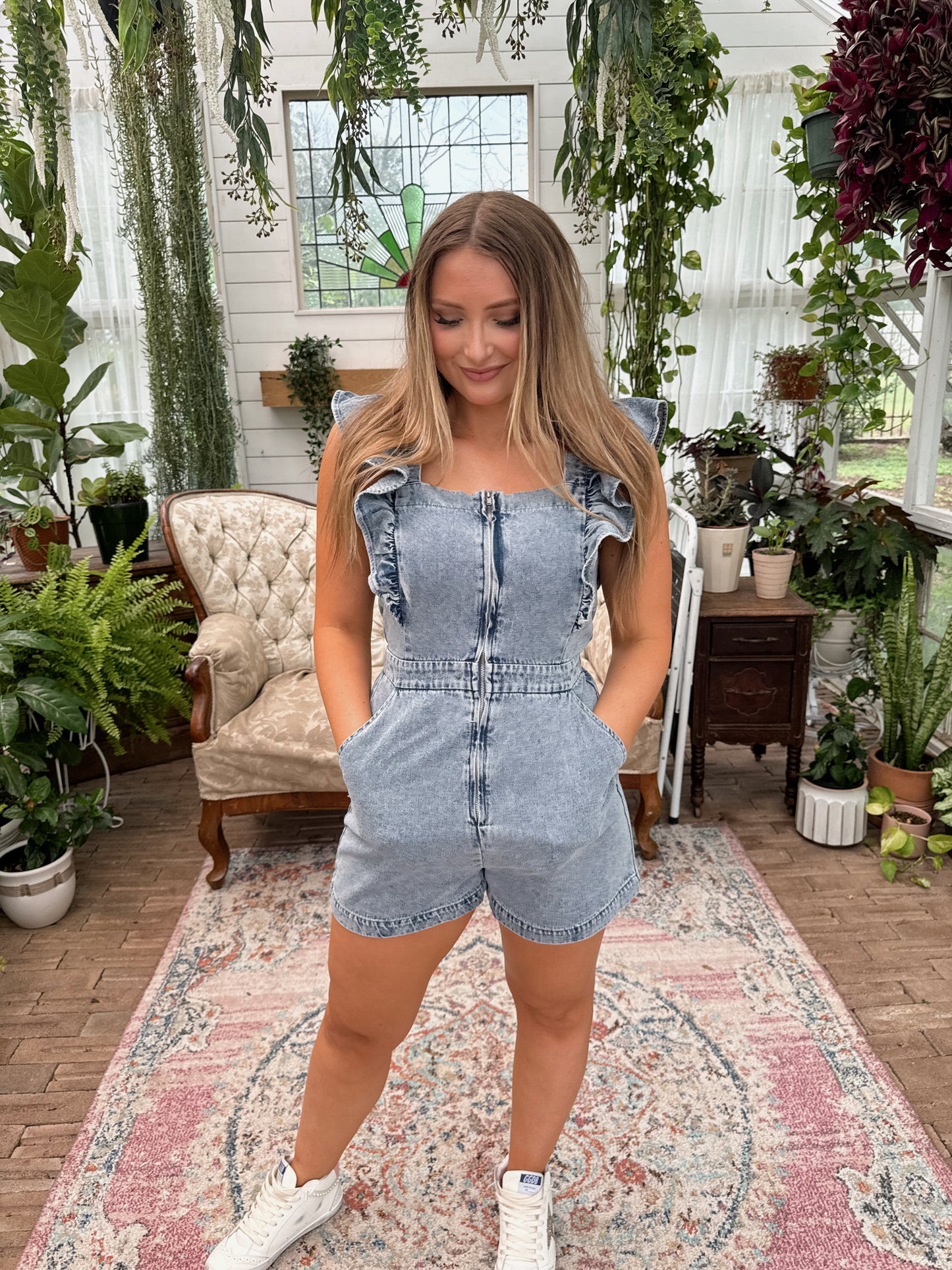 Macy Ruffle Denim Romper - Denim Blue - The Pretty Peach