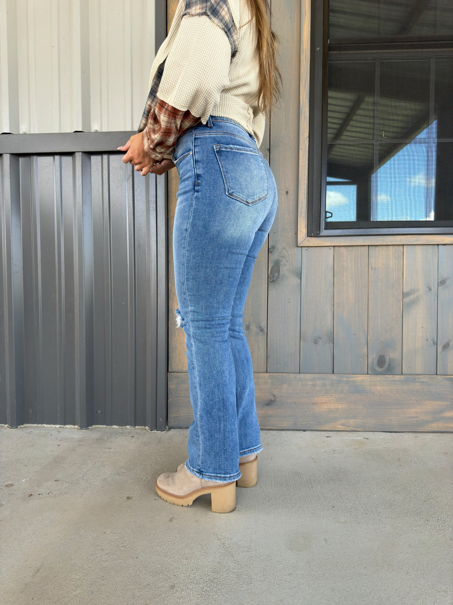 Risen High Rise Ankle Slim Straight Jeans - Medium Wash - The Pretty Peach