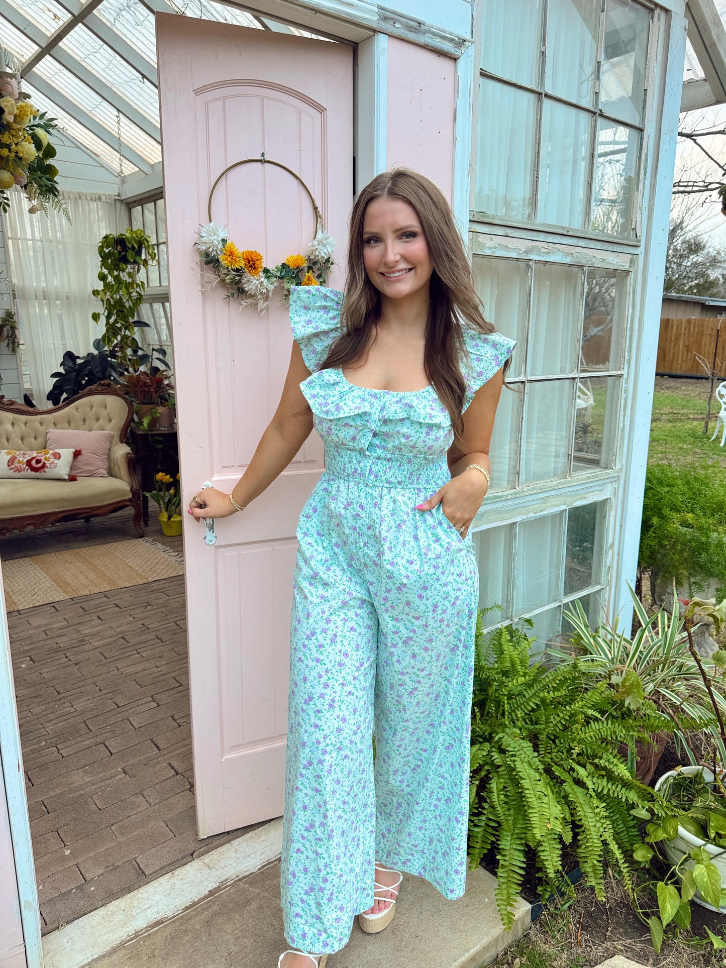 Daisy Floral Jumpsuit - Blue - The Pretty Peach