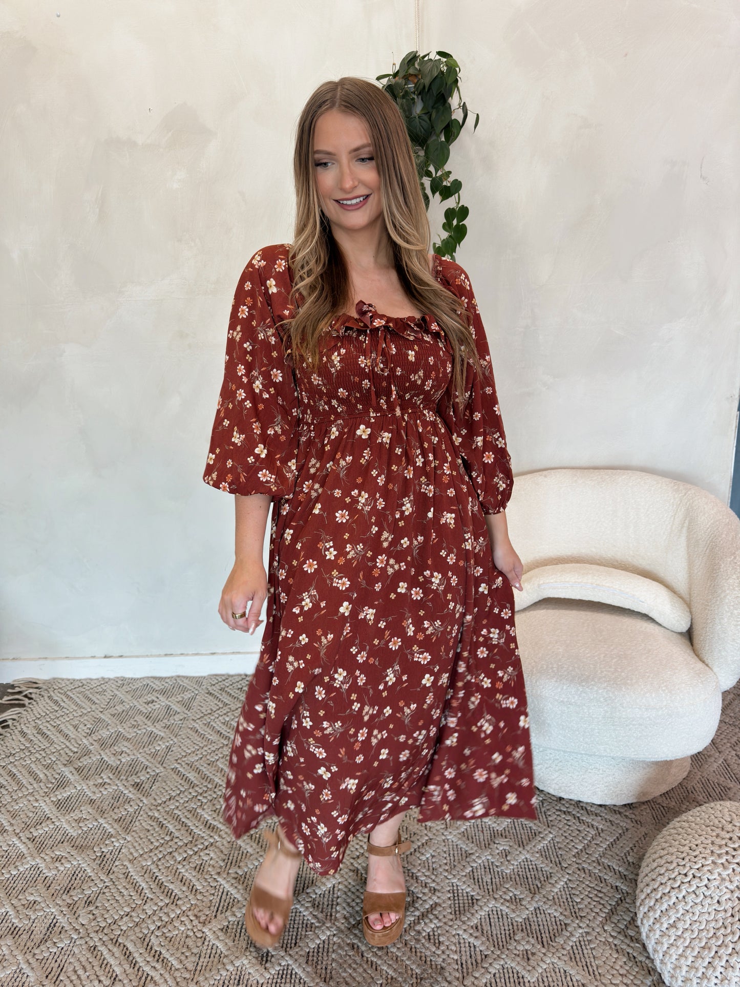 Fields Floral Midi Dress - Brick - The Pretty Peach