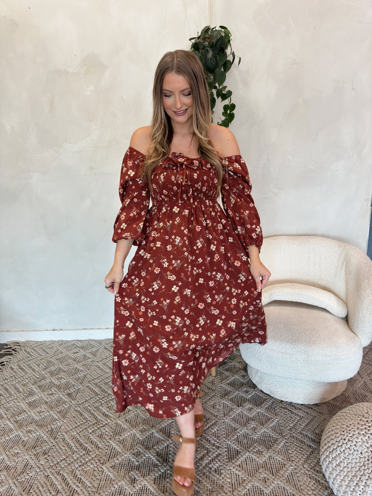 Fields Floral Midi Dress - Brick - The Pretty Peach