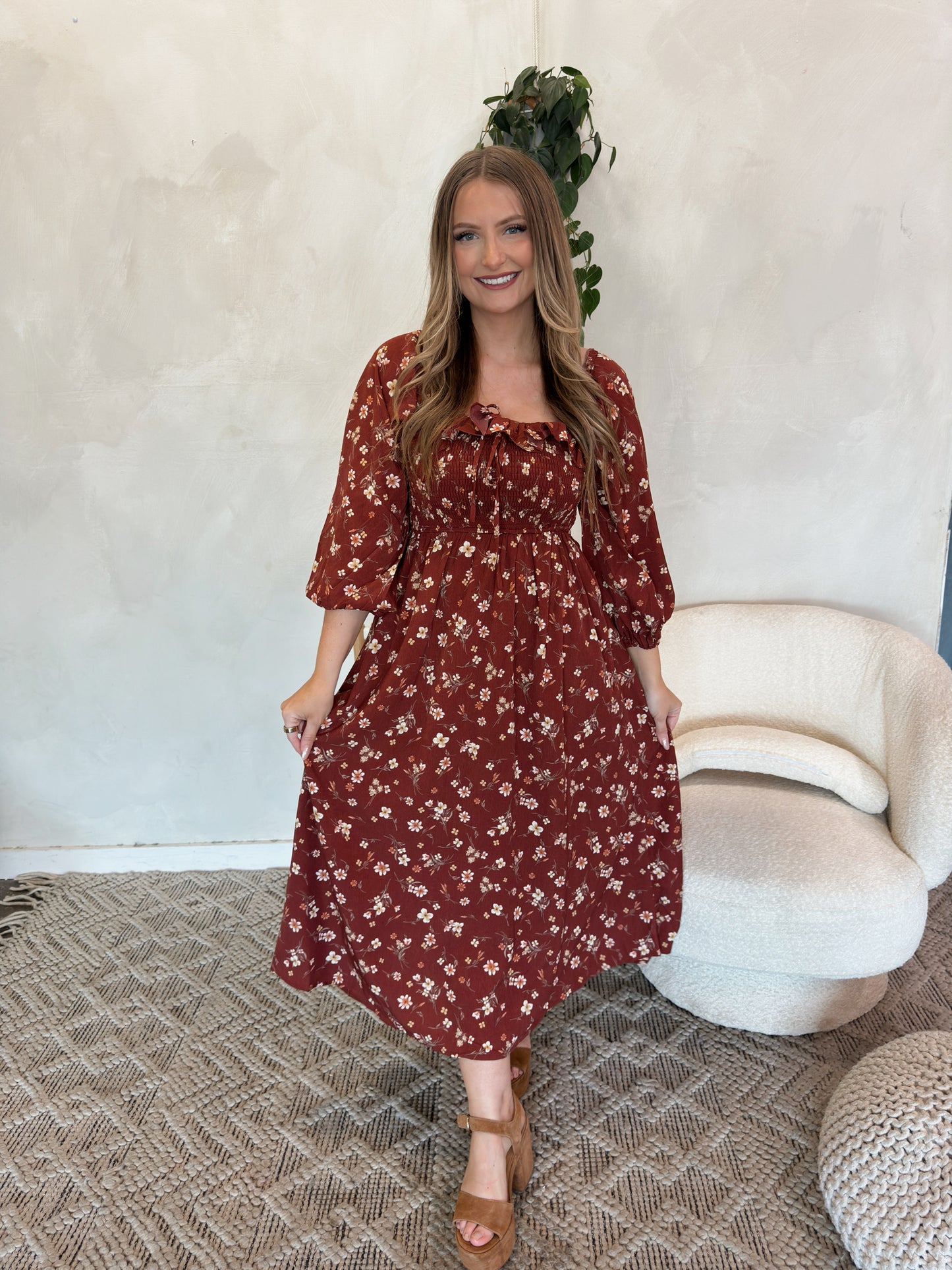 Fields Floral Midi Dress - Brick - The Pretty Peach