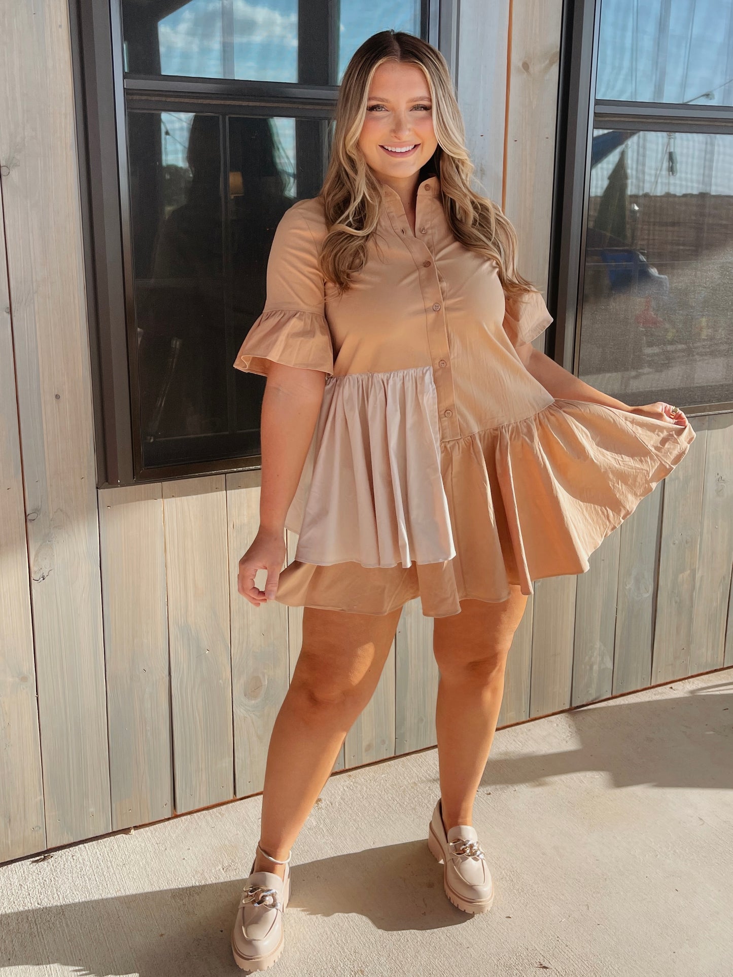 Kyndal Asymmetrical Tiered Ruffle Dress - Tan - The Pretty Peach