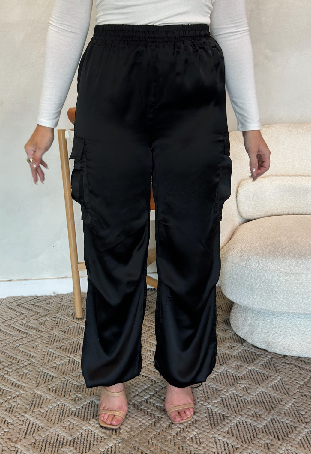 Macie Satin Cargo Pants - Black - The Pretty Peach