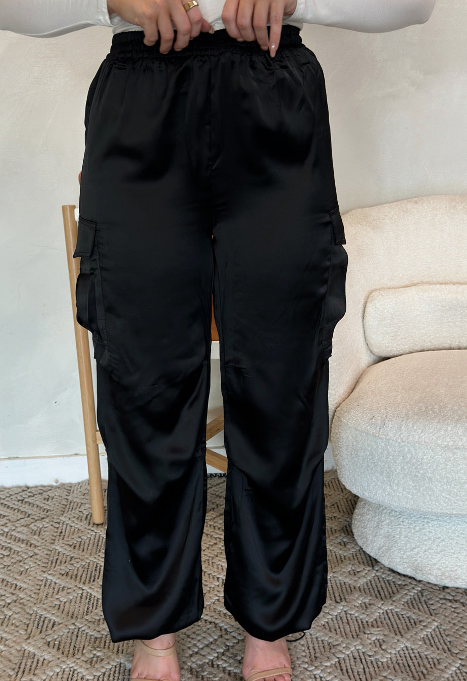 Macie Satin Cargo Pants - Black - The Pretty Peach