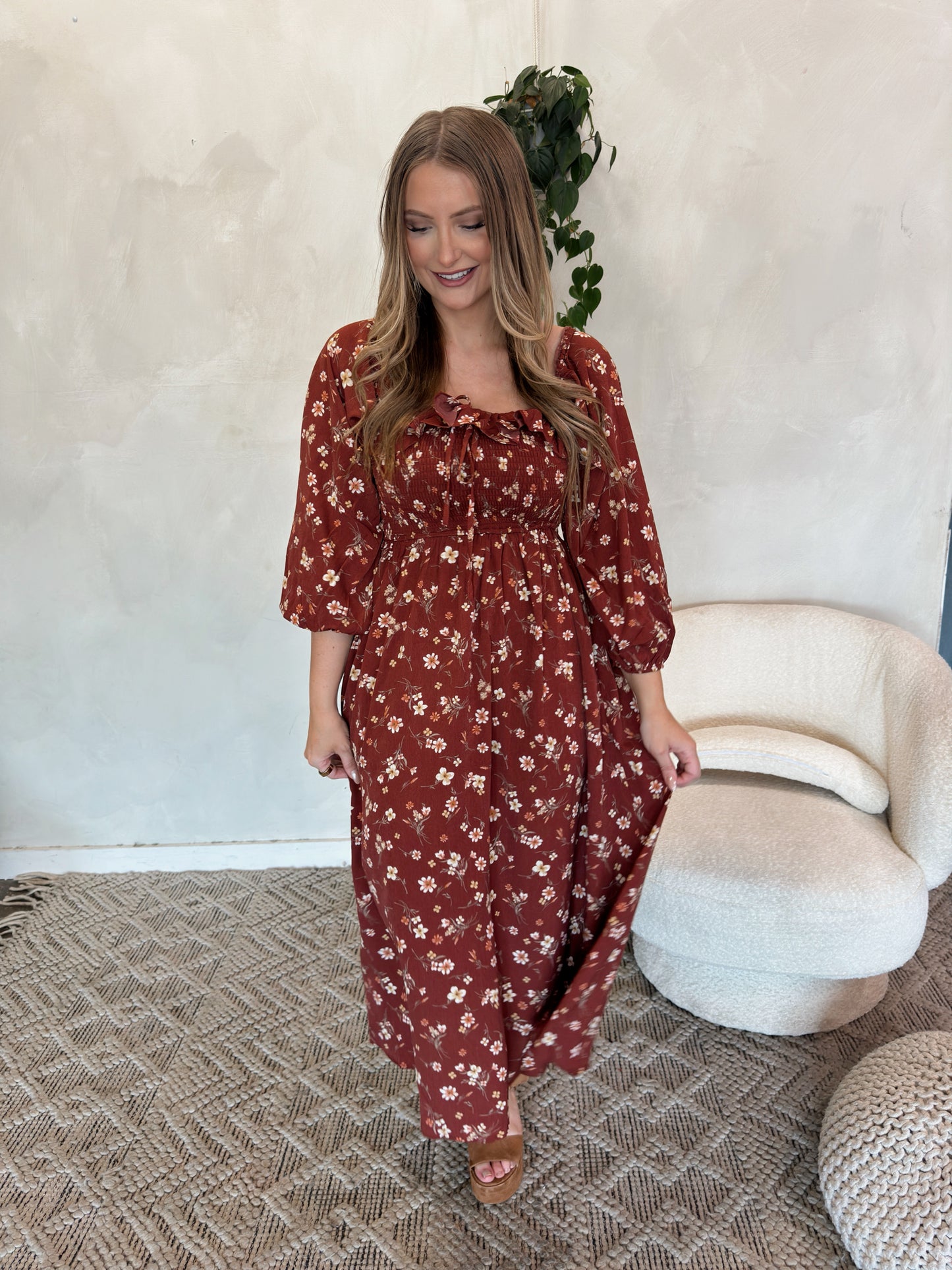 Fields Floral Midi Dress - Brick - The Pretty Peach
