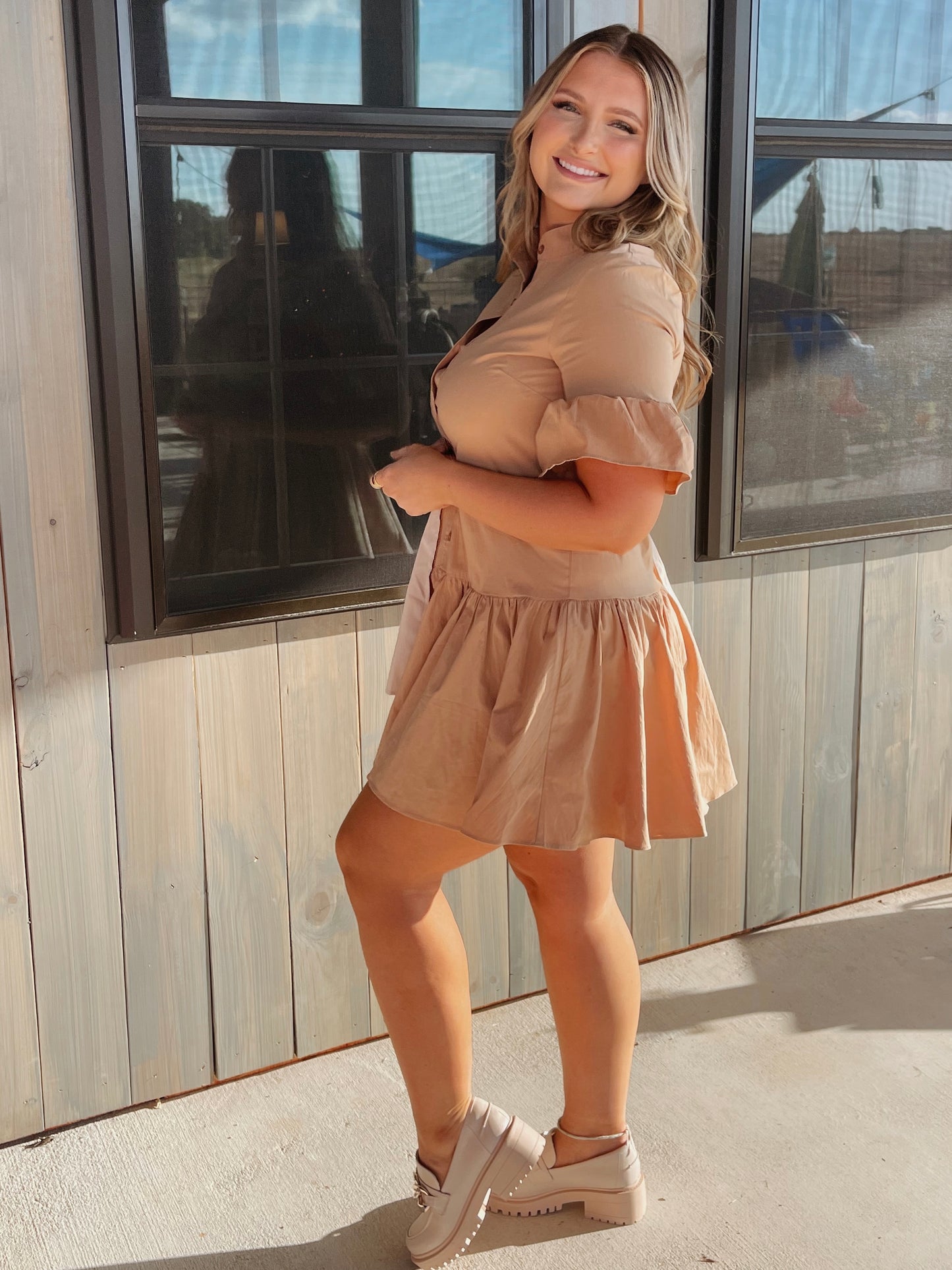 Kyndal Asymmetrical Tiered Ruffle Dress - Tan - The Pretty Peach