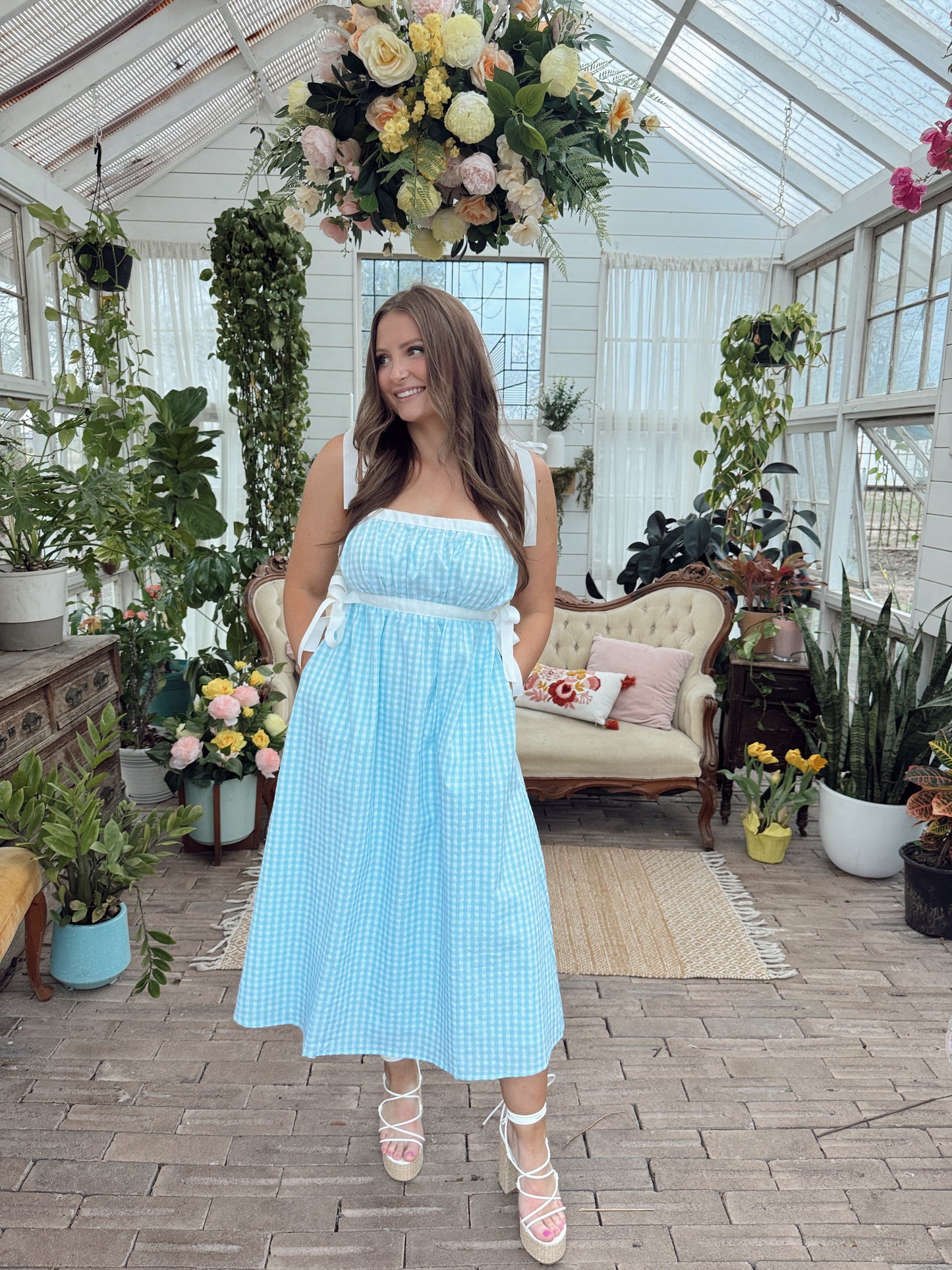 Iris Gingham Midi Dress - Mint Blue