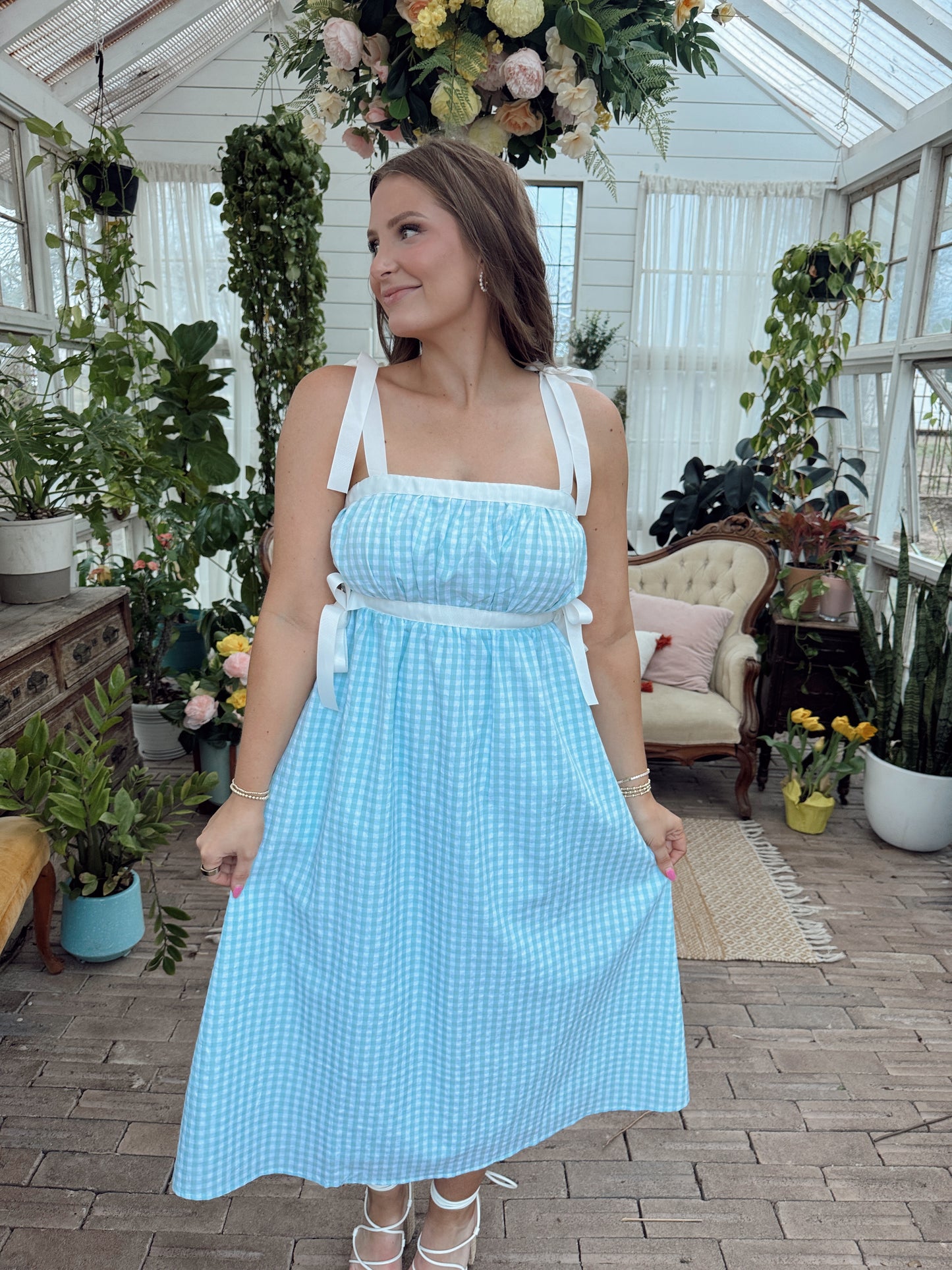 Iris Gingham Midi Dress - Mint Blue