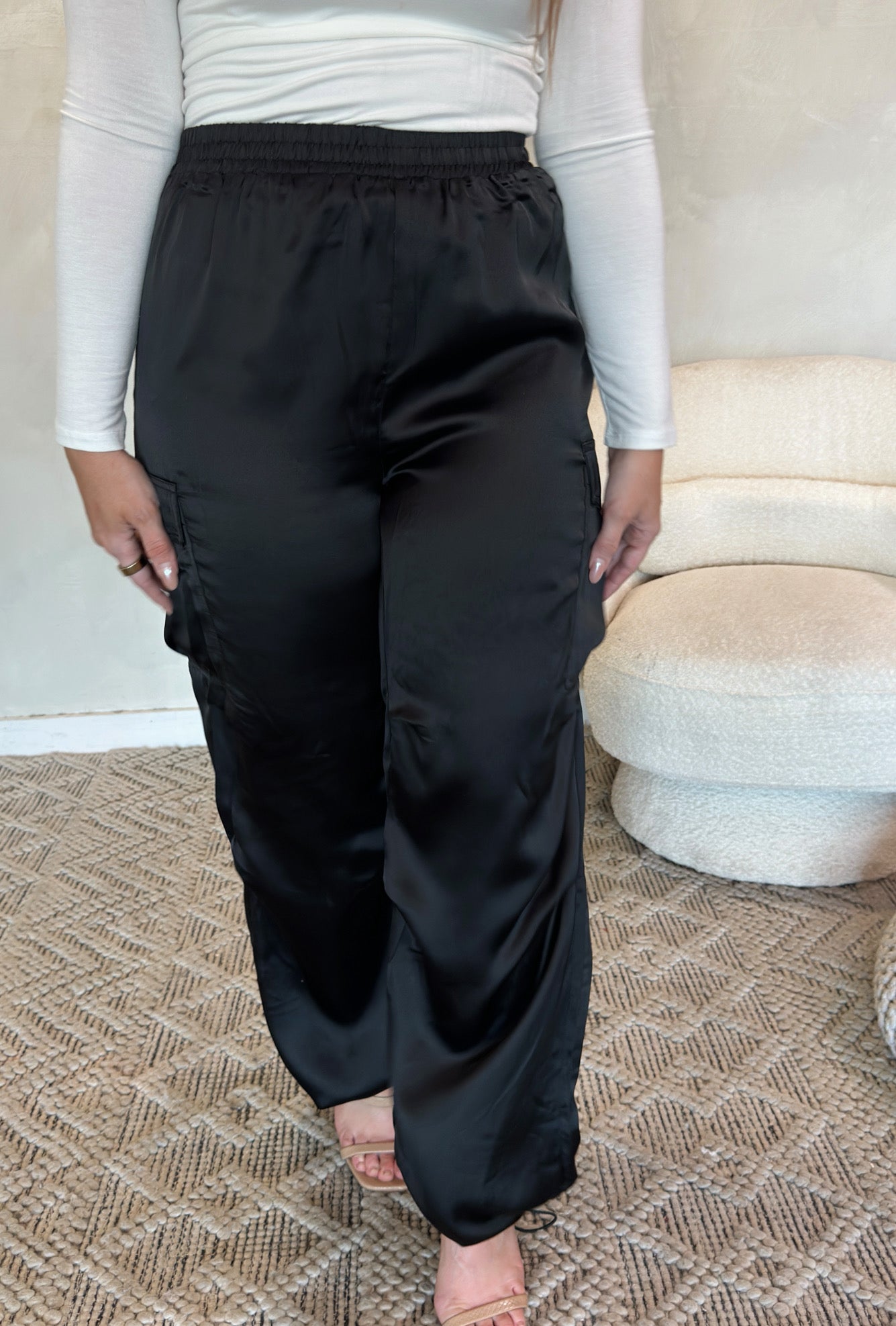 Macie Satin Cargo Pants - Black - The Pretty Peach