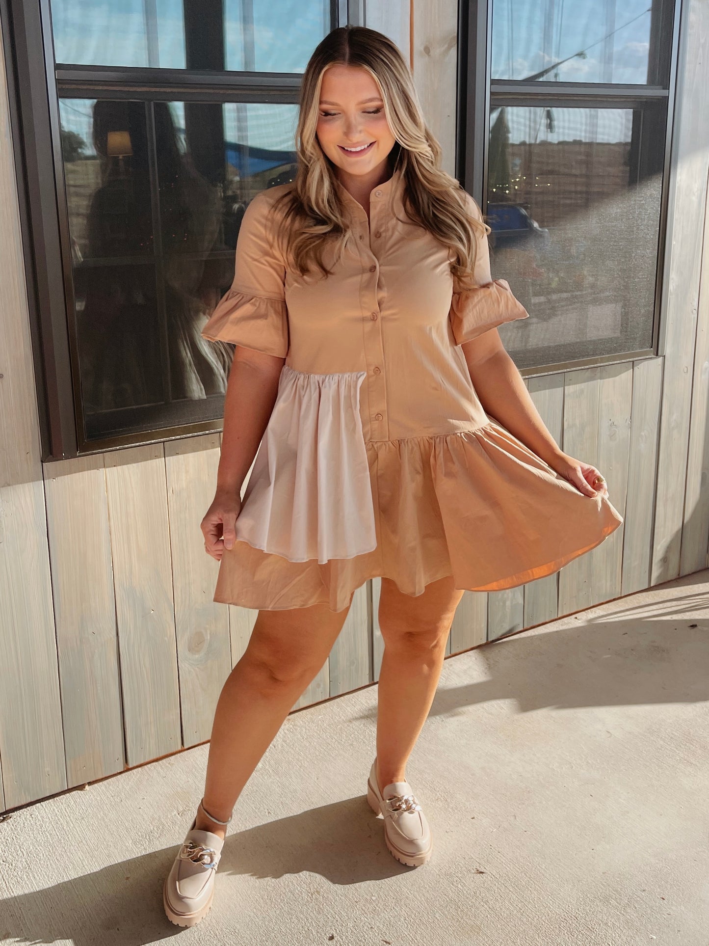 Kyndal Asymmetrical Tiered Ruffle Dress - Tan - The Pretty Peach
