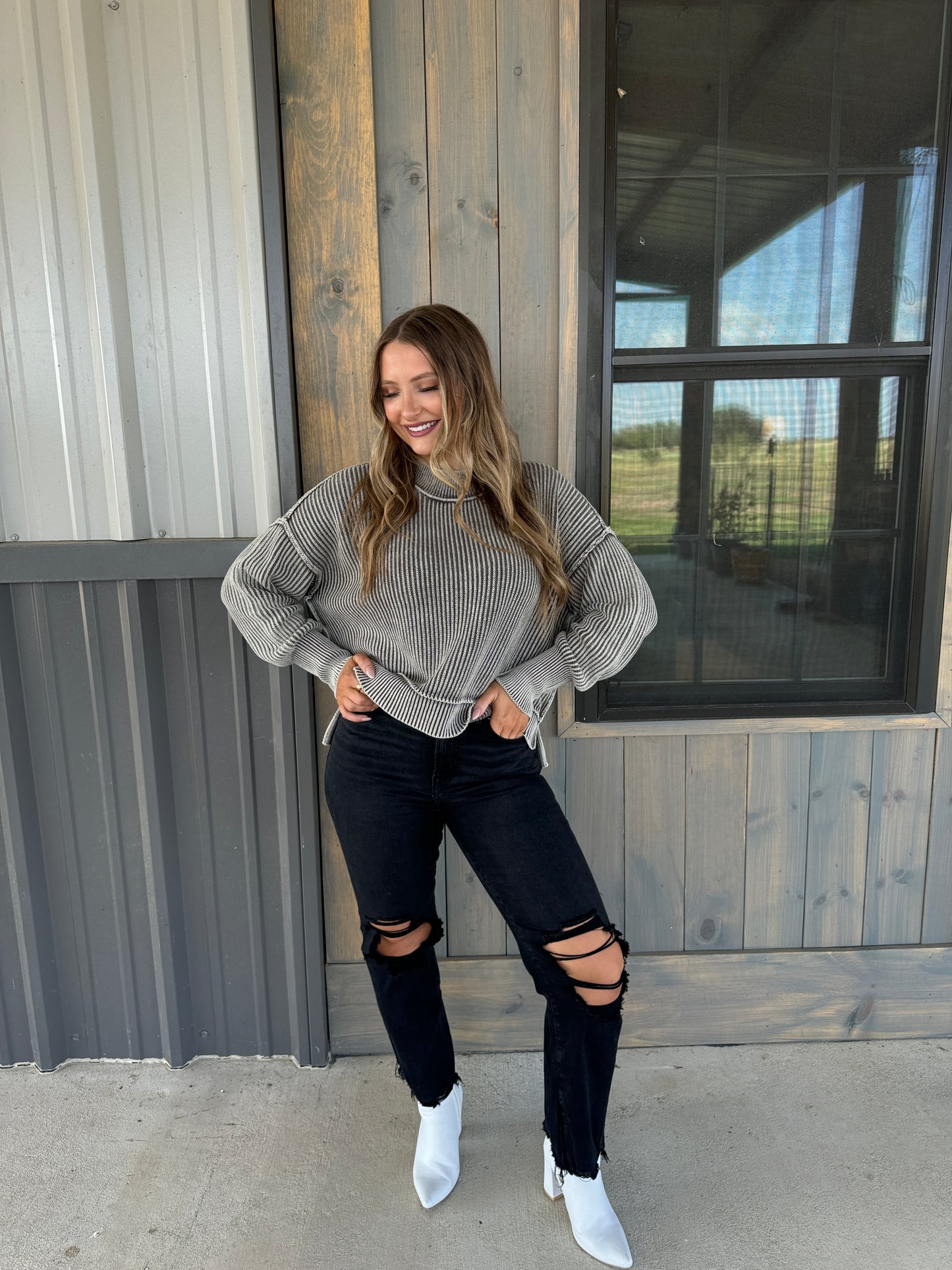 Washed Distressed Knee and Hem Pants - Black - The Pretty Peach