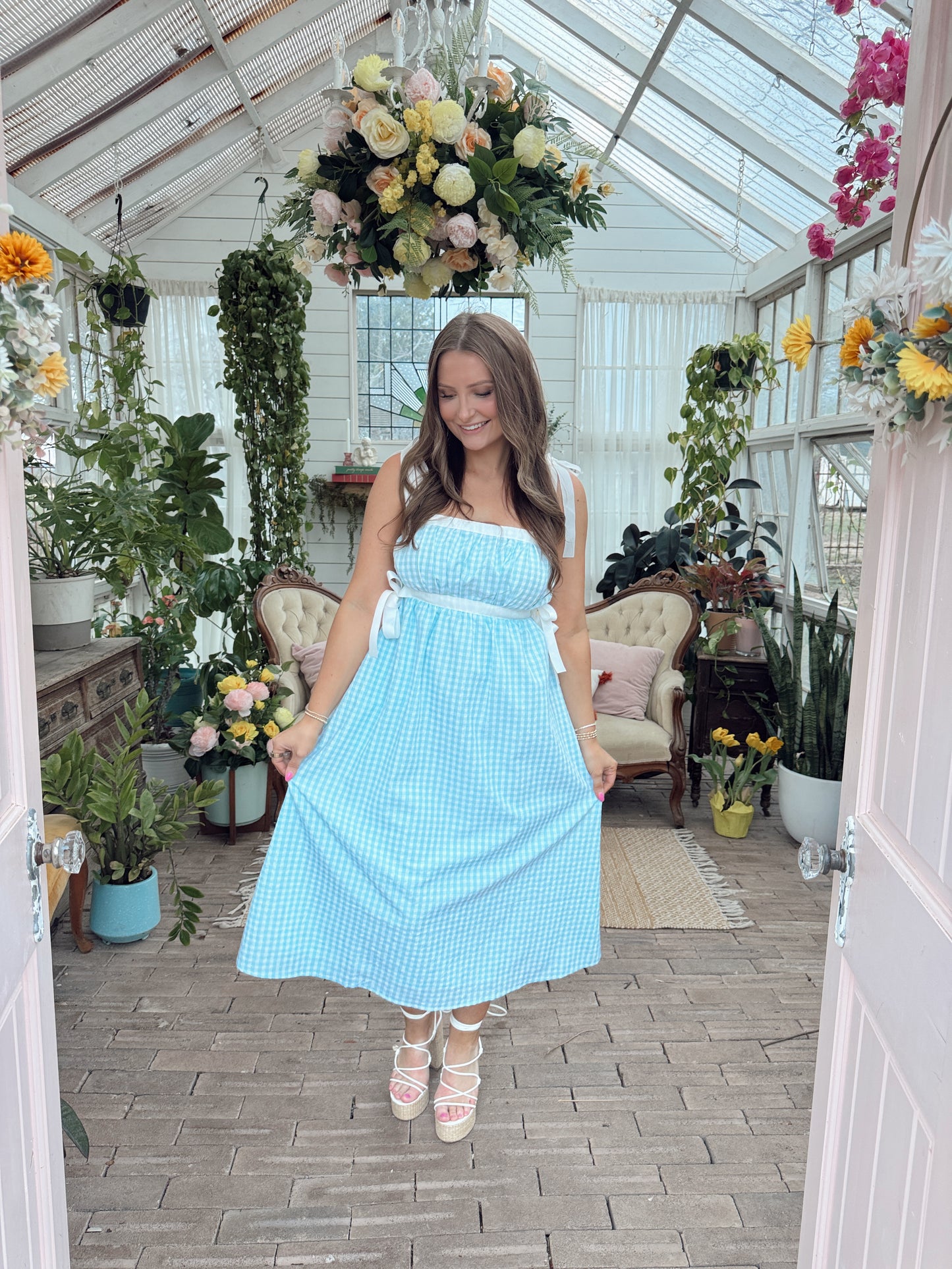 Iris Gingham Midi Dress - Mint Blue