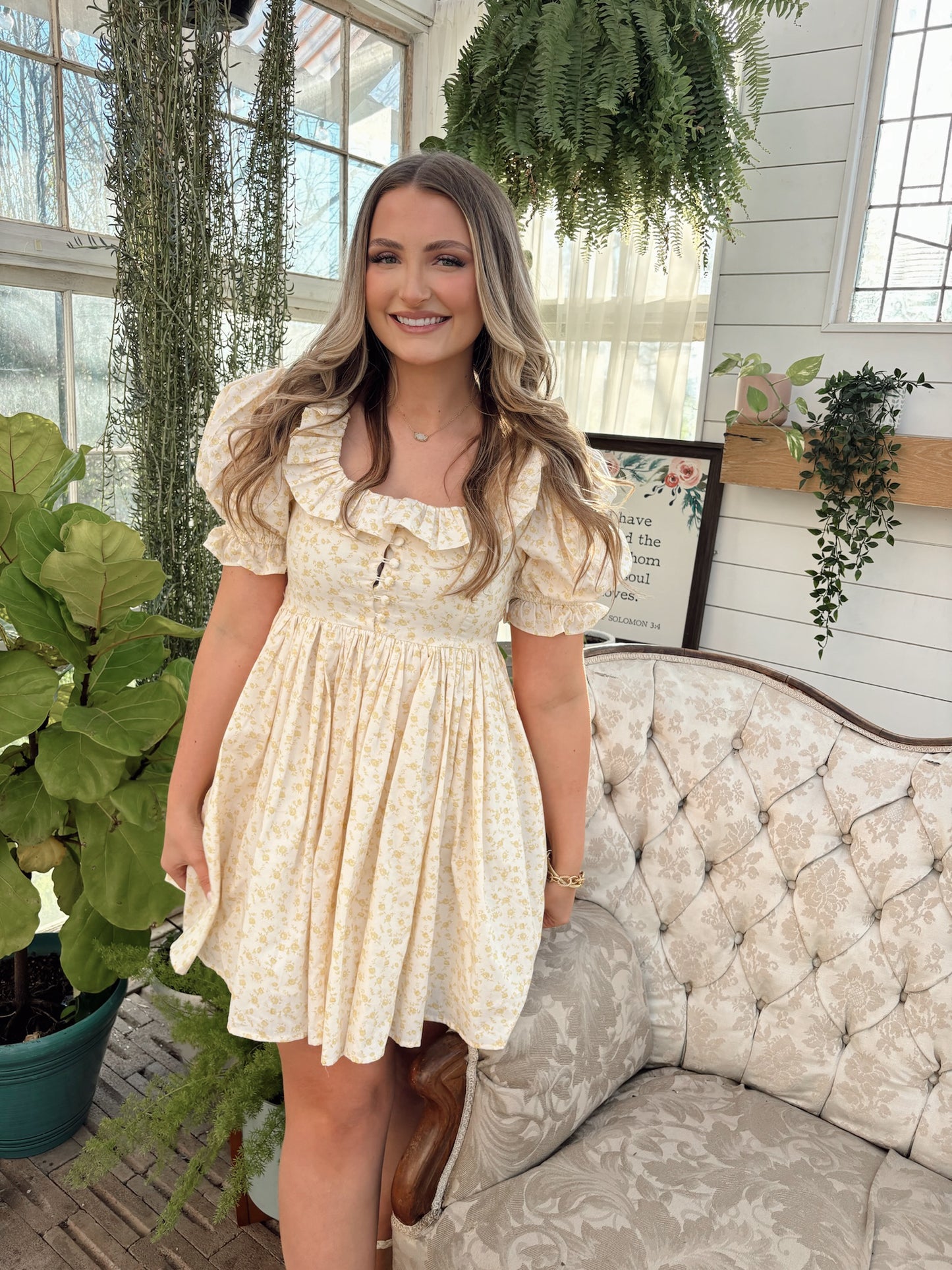yellow ruffle floral dress