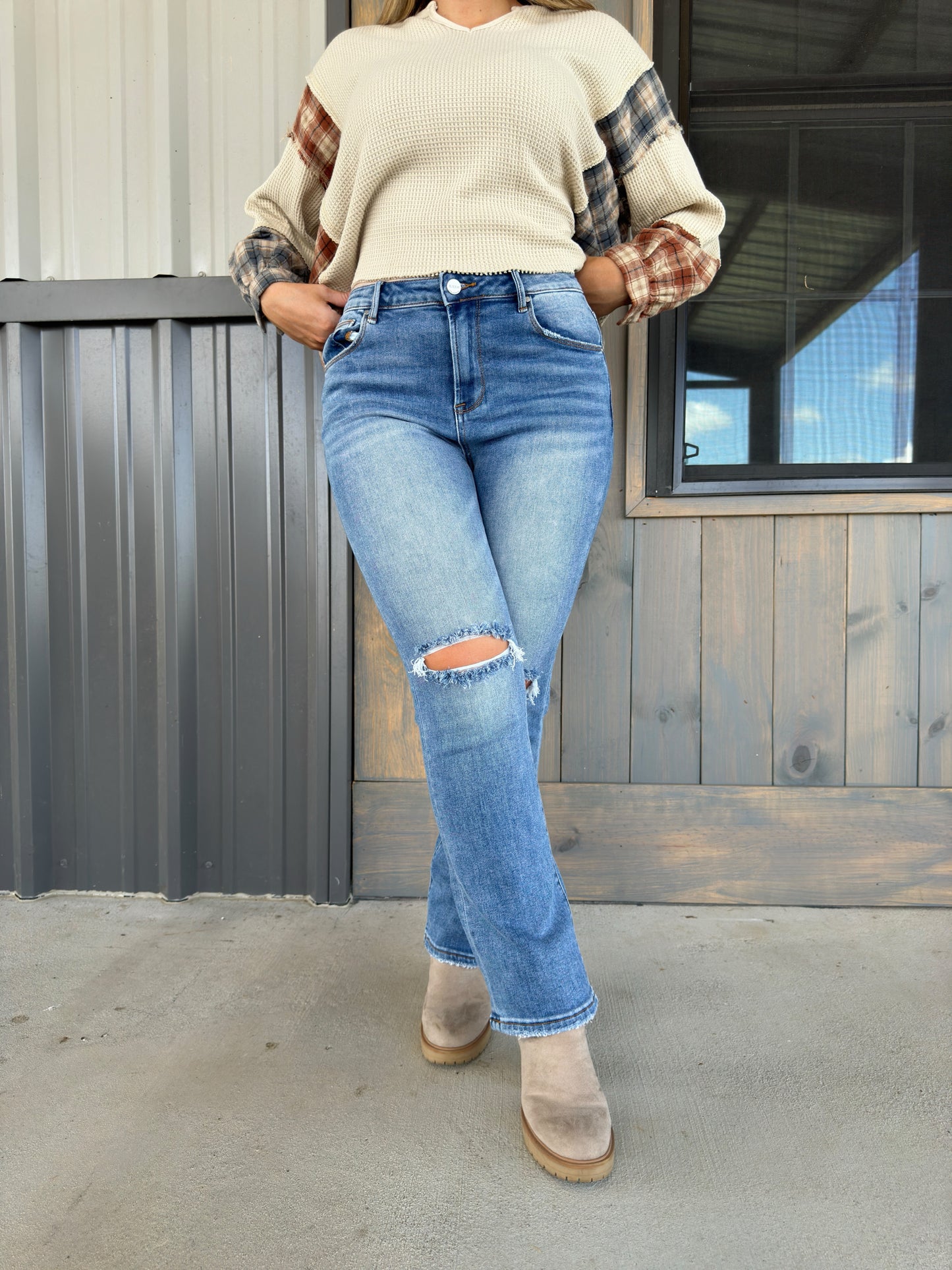 Risen High Rise Ankle Slim Straight Jeans - Medium Wash - The Pretty Peach