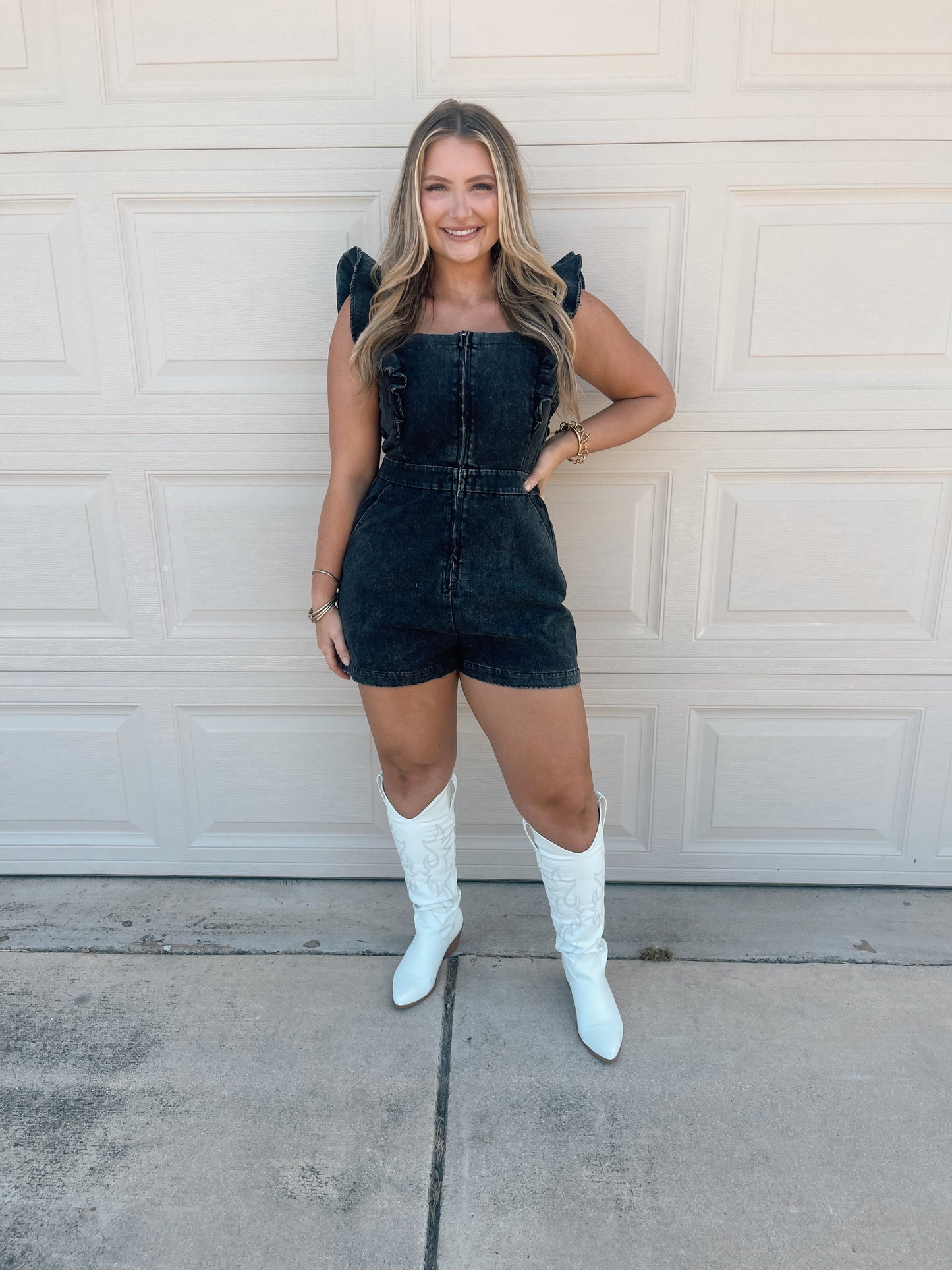 Macy Ruffle Denim Romper - Multiple Colors - The Pretty Peach