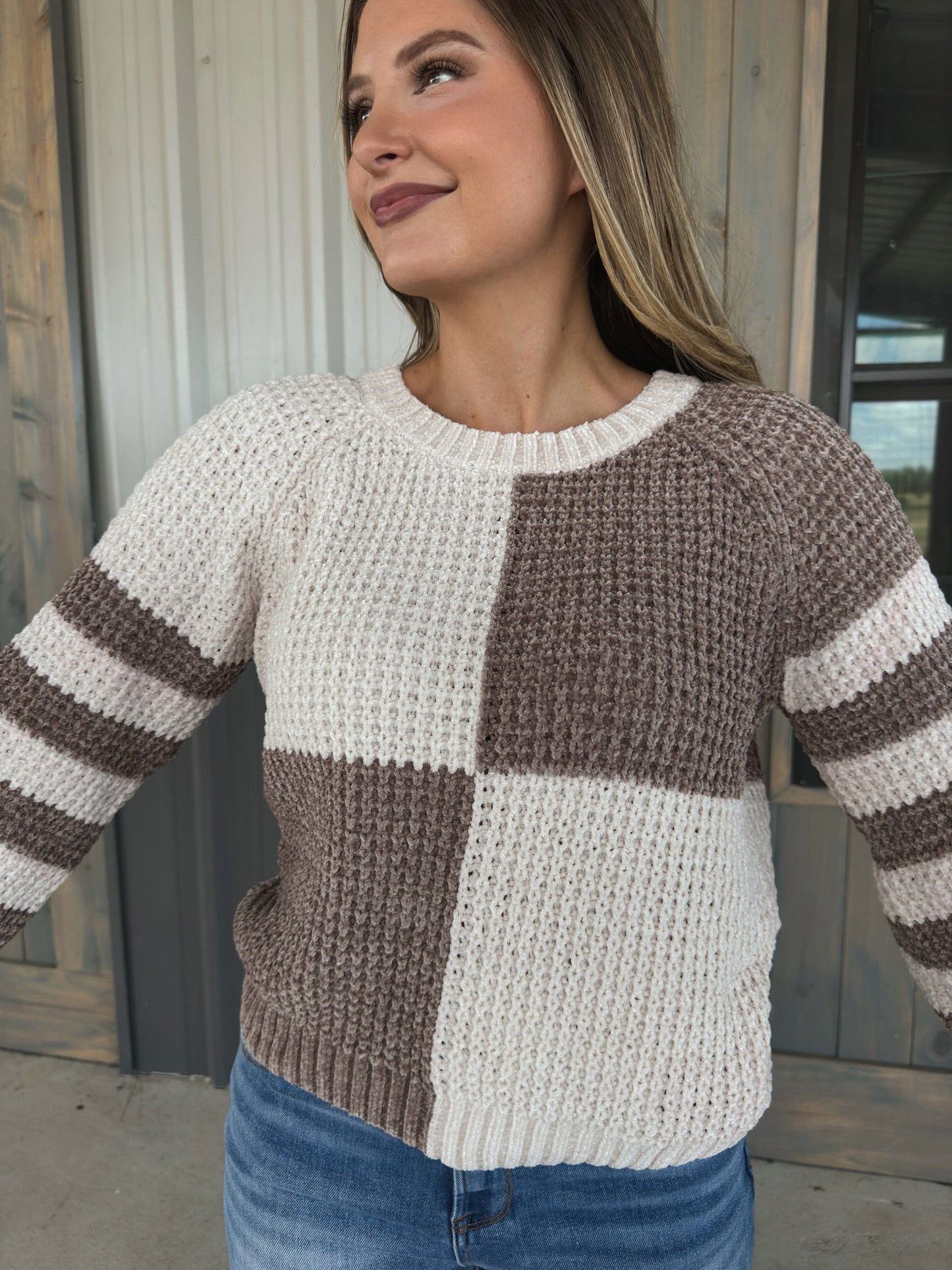 Shaina Colorblock Checkered Sweater - Mocha