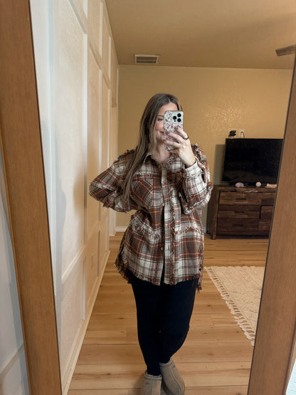 Harvest Wishes Oversized Plaid Shacket - Brown