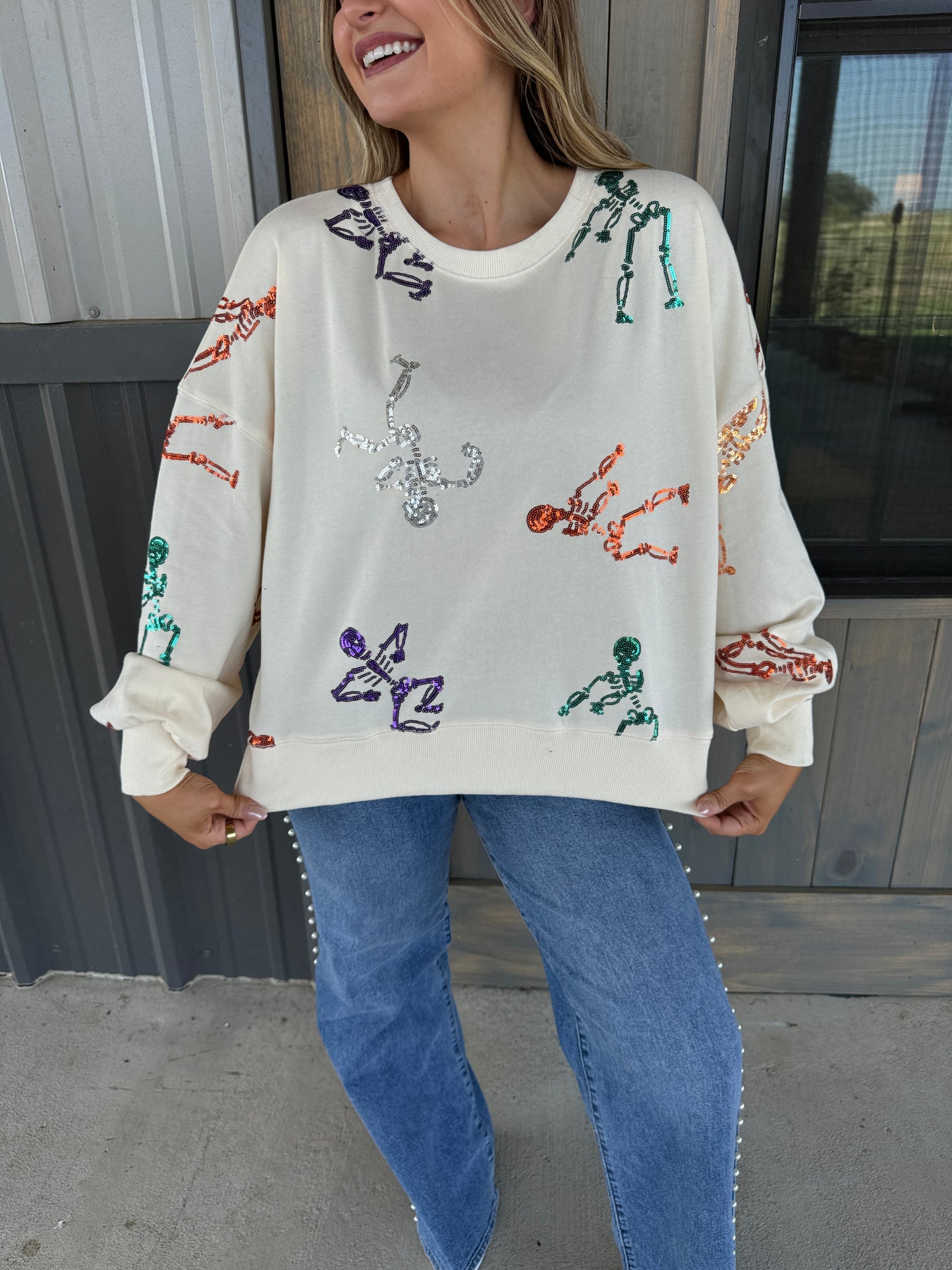 Skeletons Sequin Embroidered Oversized Sweatshirt - Cream