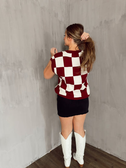 Checkered Sweater Vest - Maroon - The Pretty Peach