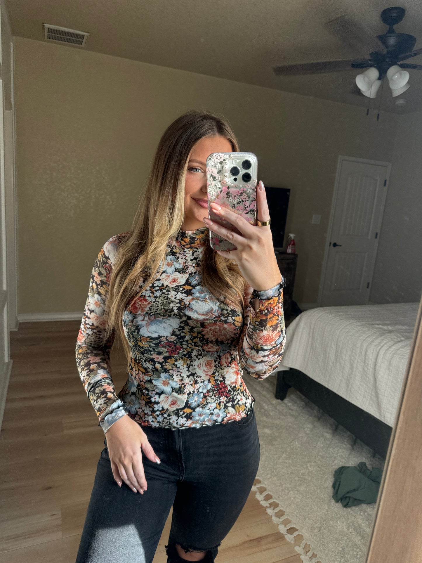 Floral Mesh Long Sleeve Top - Black Floral