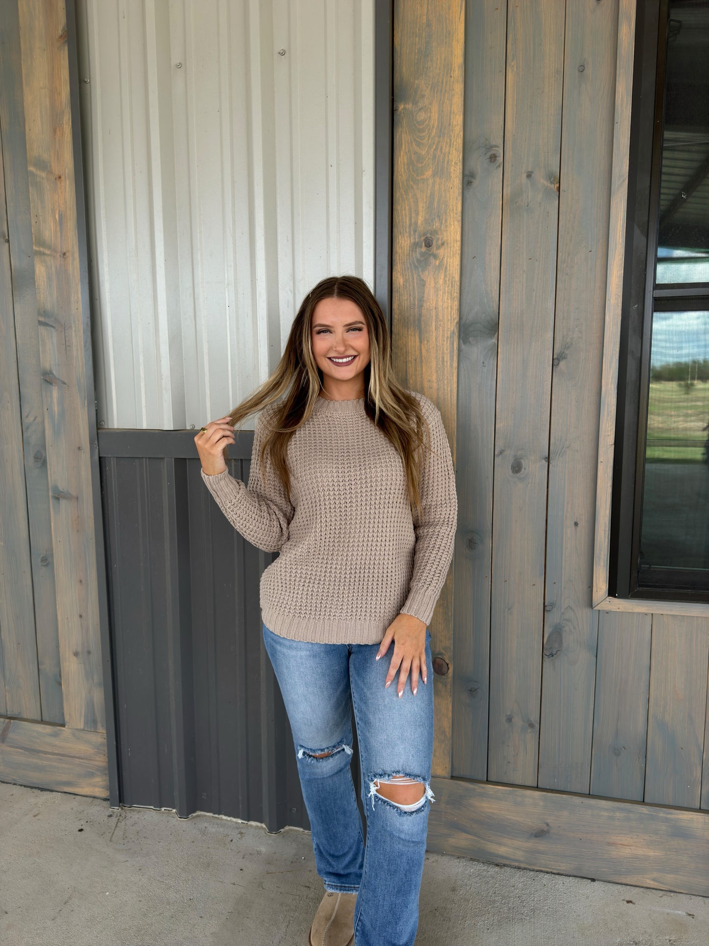 Miles Long Sleeve Waffle Sweater - Light Mocha