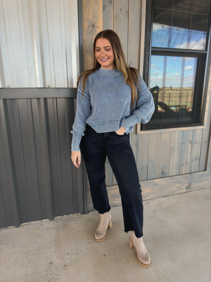 Chandler Washed Oversized Ribbed Sweater - Dusty Blue