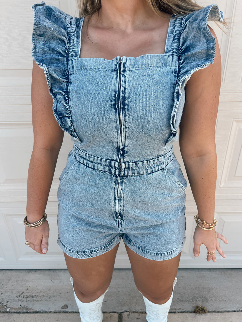 Macy Ruffle Denim Romper - Multiple Colors | The Pretty Peach Macy Ruffle Denim Romper - Multiple Colors | The Pretty Peach