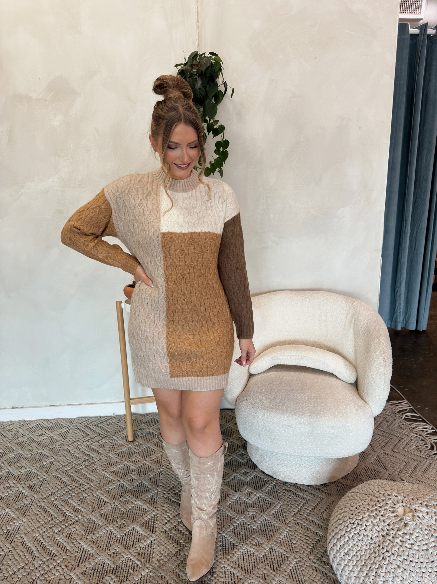 Toffee Cream Colorblock Sweater Dress - Taupe