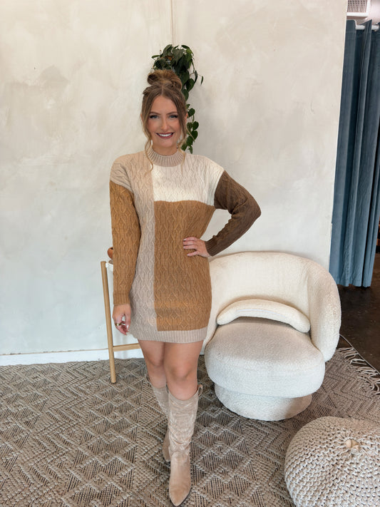 Toffee Cream Colorblock Sweater Dress - Taupe