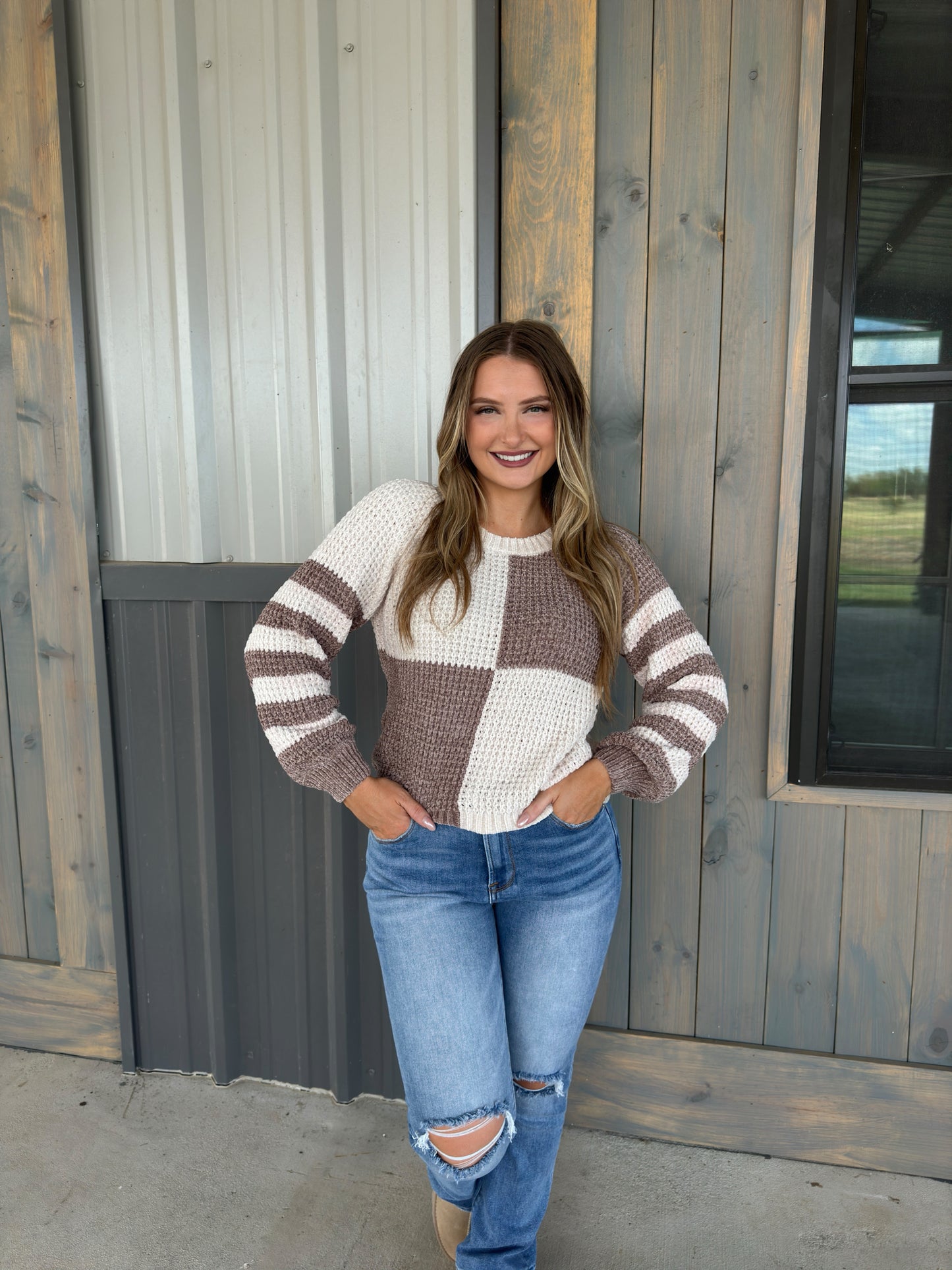 Shaina Colorblock Checkered Sweater - Mocha