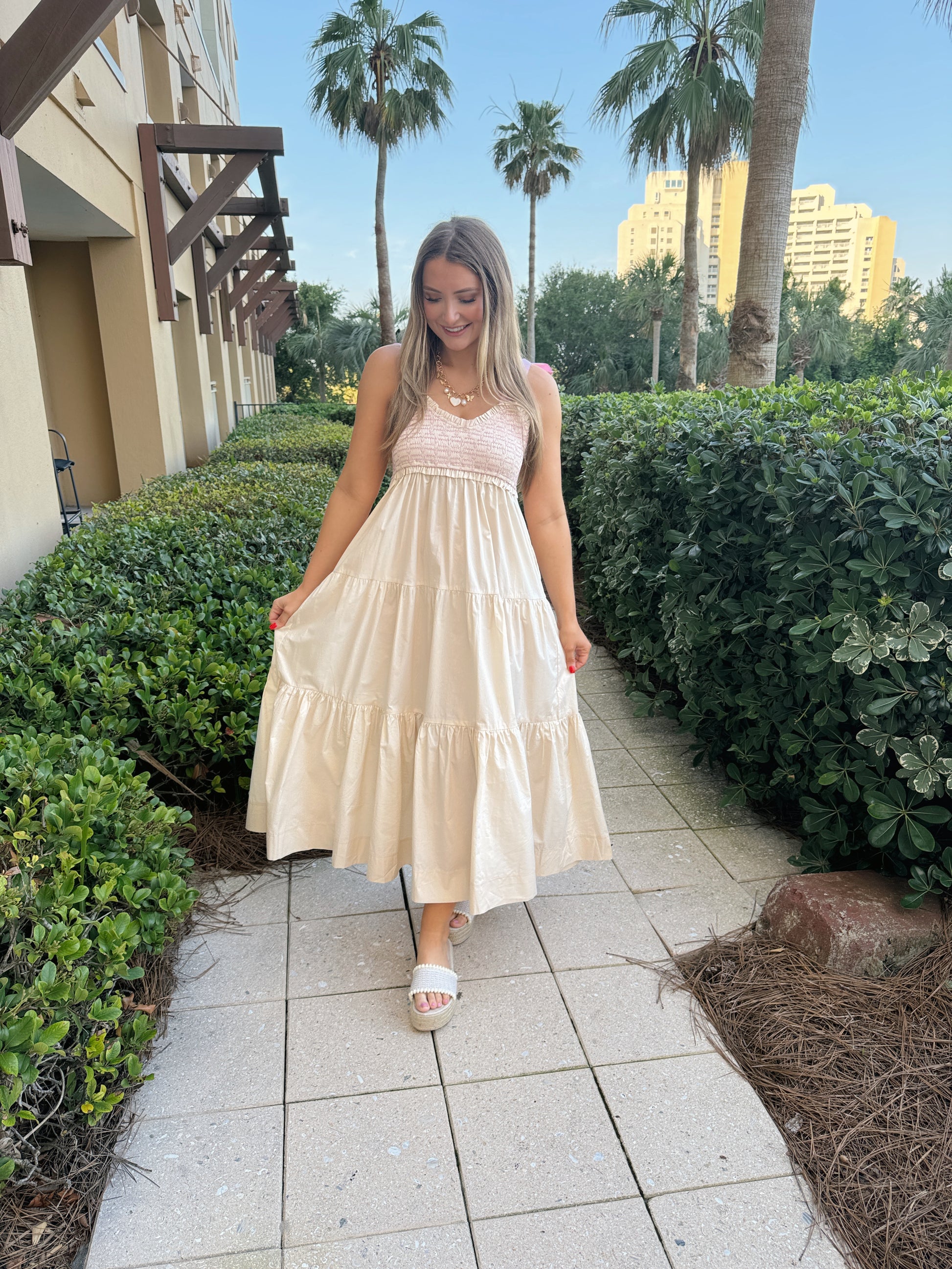 Gigi Smocked Maxi Dress - Cream - The Pretty Peach