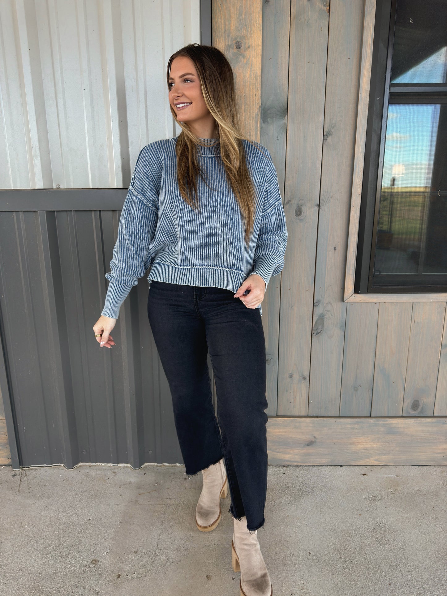 Chandler Washed Oversized Ribbed Sweater - Dusty Blue