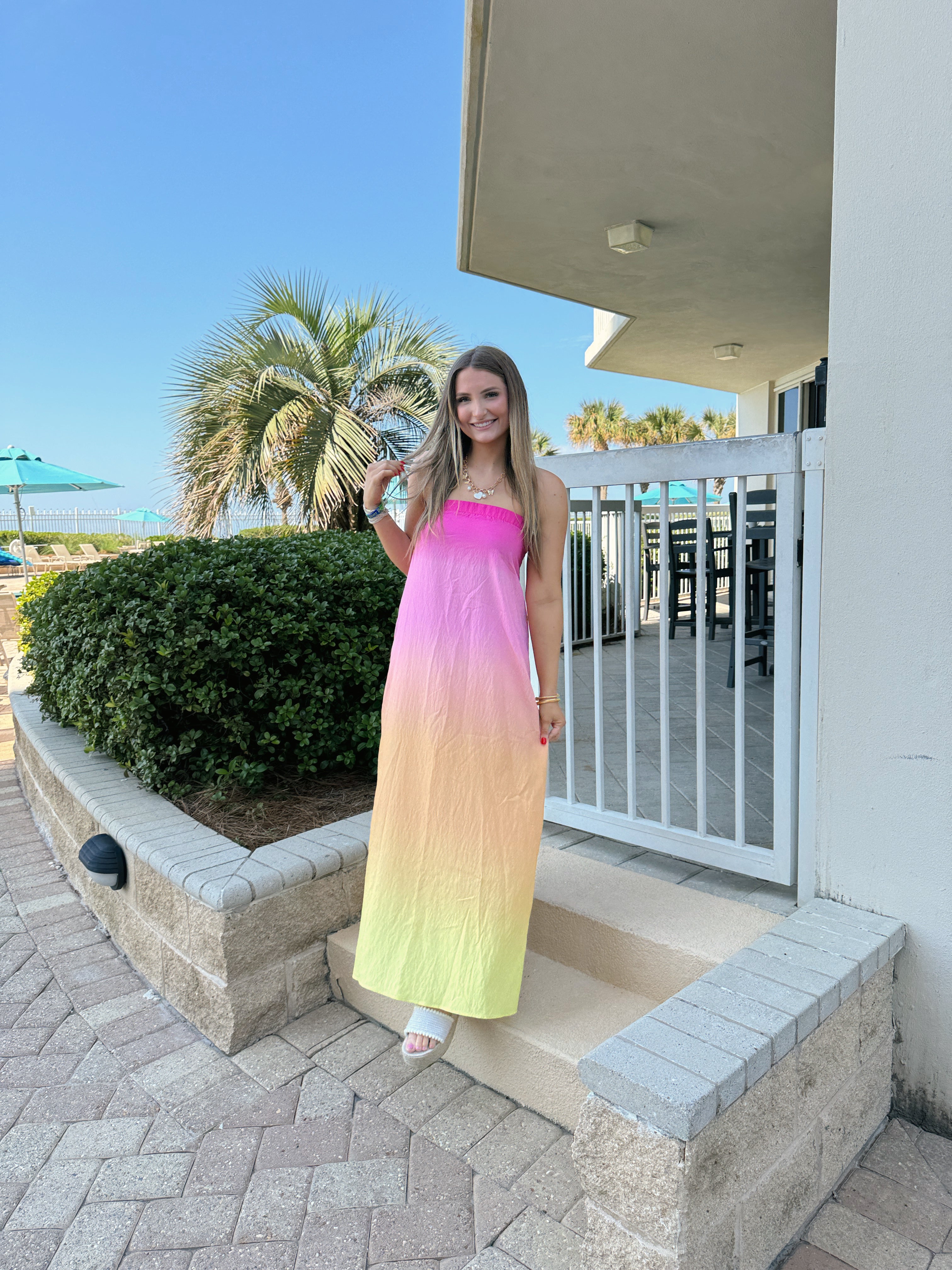 The Pretty Peach Sunset Ombre Maxi Dress Pink Orange L