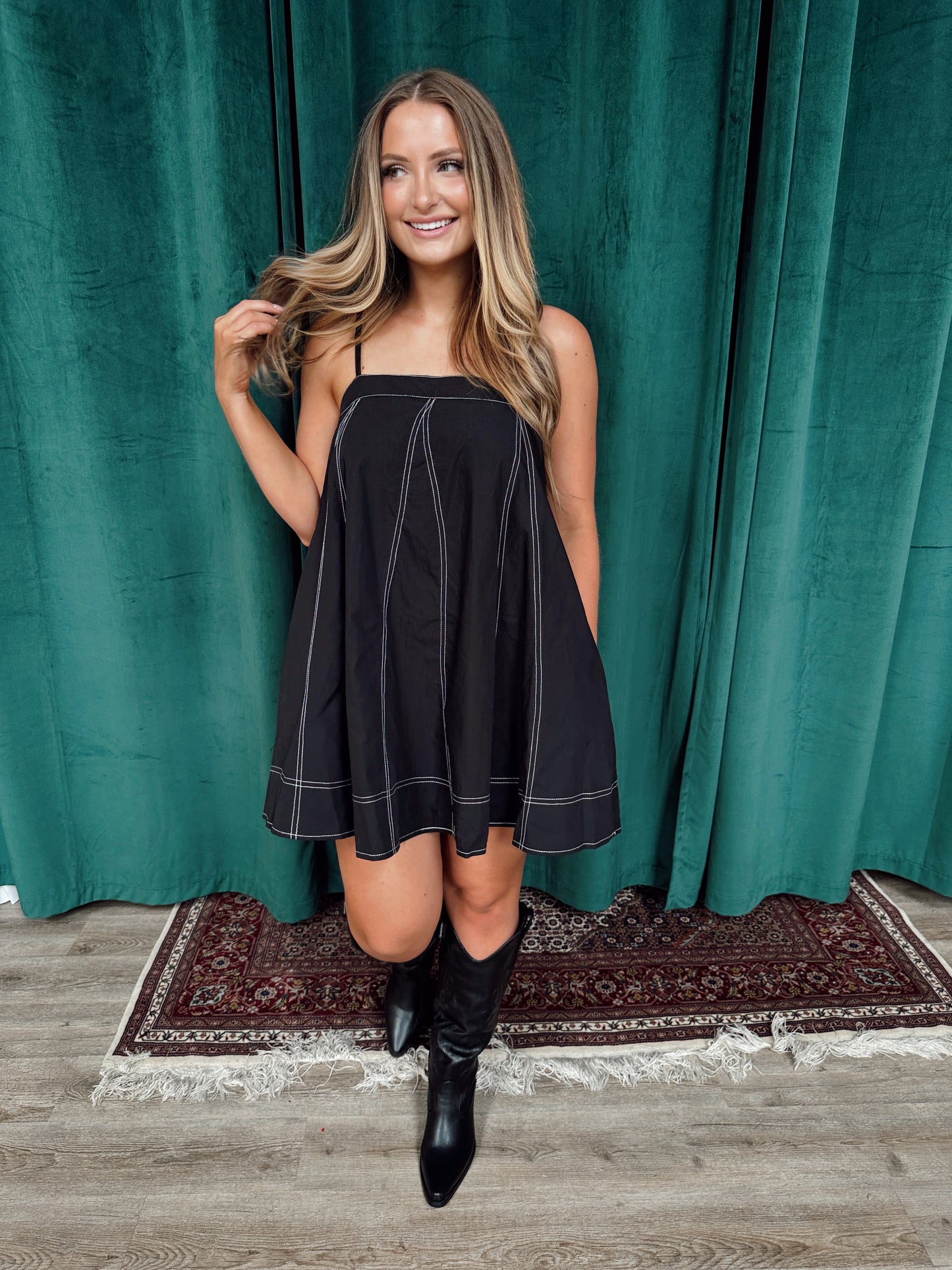 Colleen Contrast Stitch Mini Dress - Black - The Pretty Peach