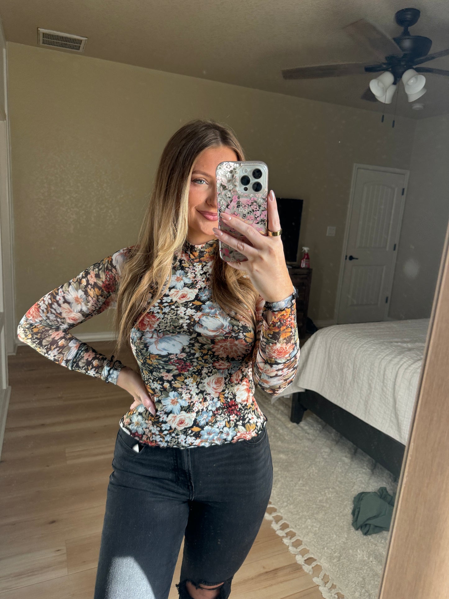 Floral Mesh Long Sleeve Top - Black Floral